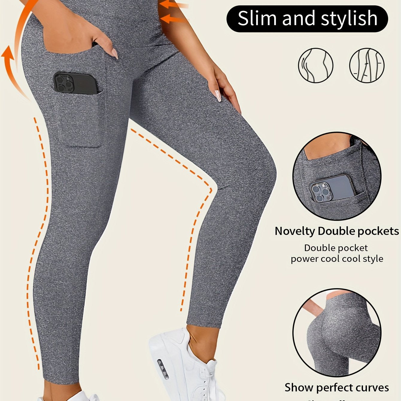 Solid Color Yoga Pants With Pocket, High Stretch Stretch Running Fitness Sports Leggings