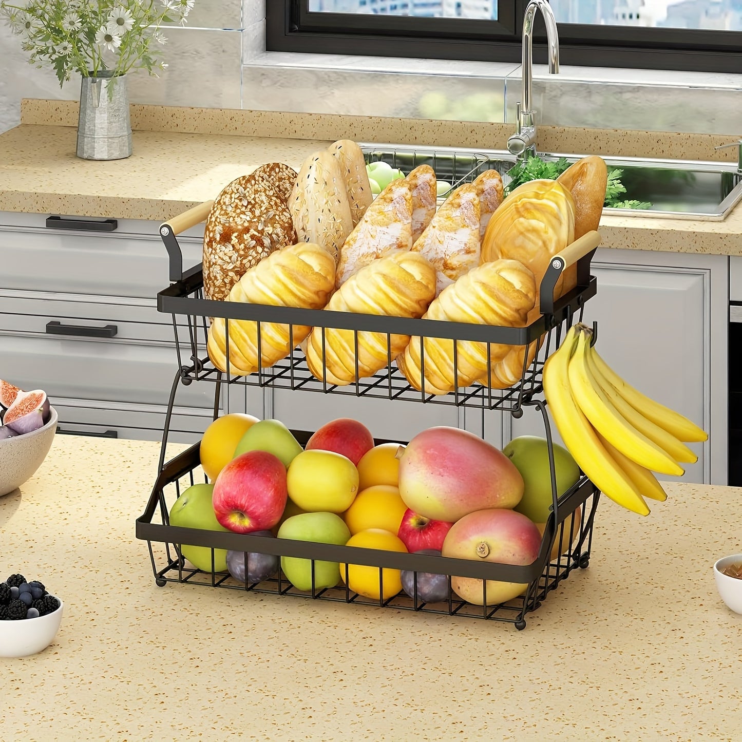 2-Tier Counter Fruit Basket with 2 Banana Hooks, Black