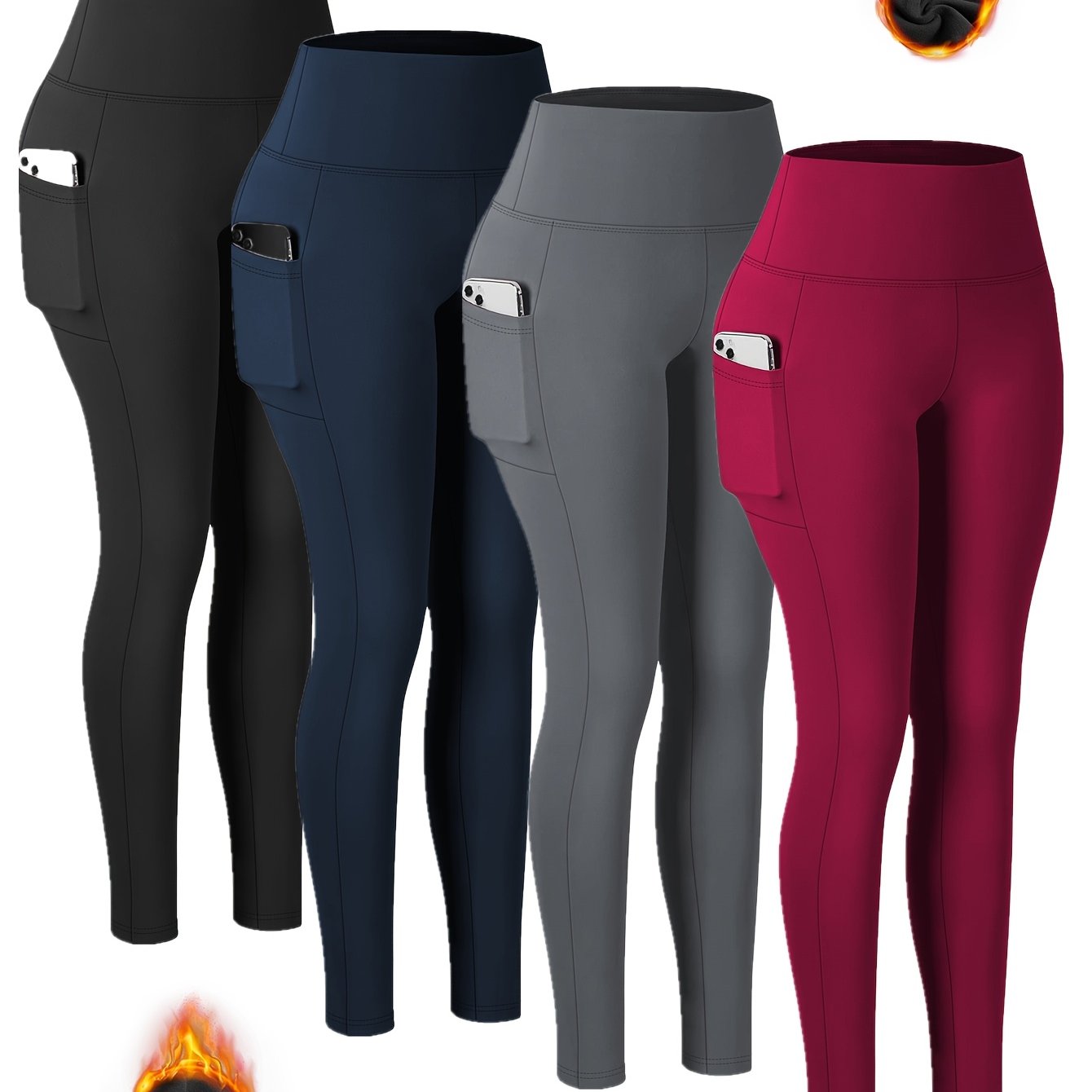 Women's High-Waisted Fleece-Lined Yoga Leggings with Pockets