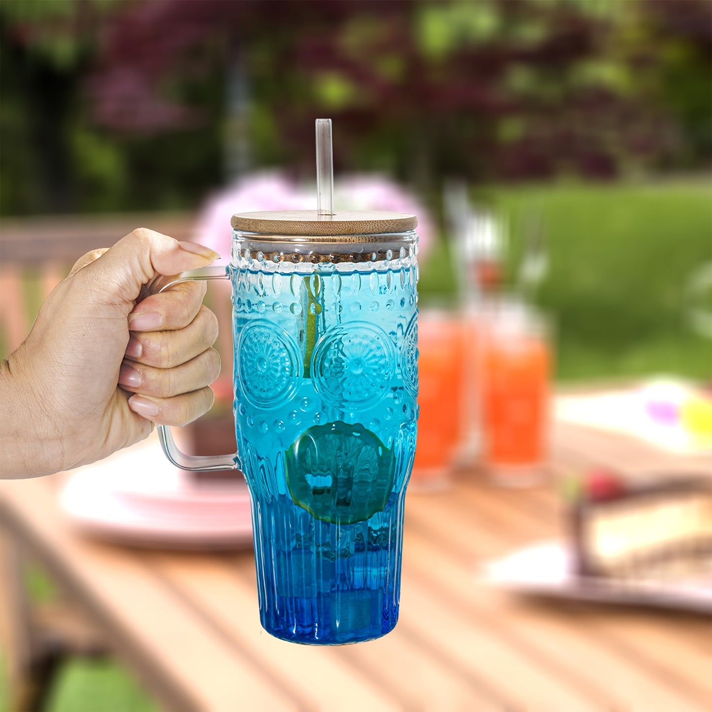 Vintage 32oz Borosilicate Glass Tumbler with Handle, Bamboo Lid & Straws