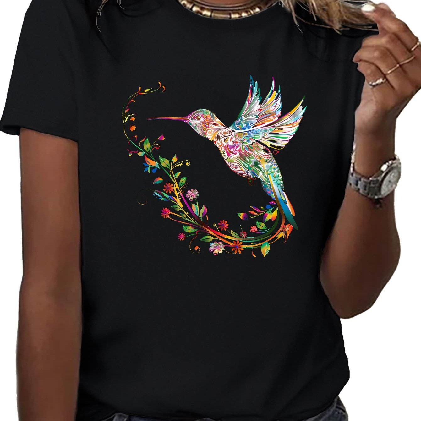 Women Hummingbird Print Crew Neck Short Sleeve T-shirt