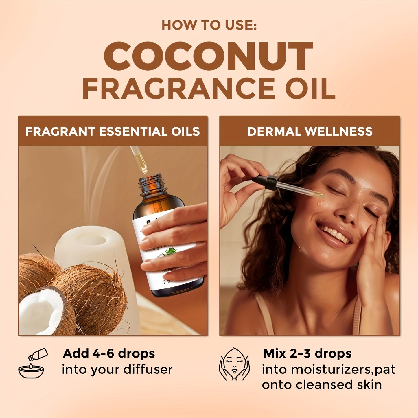 60ML Coconut Essential Oil Body Oil for Humidifier Diffuser Scented Candle Body Massage Hair Moisturizing Holiday Gift