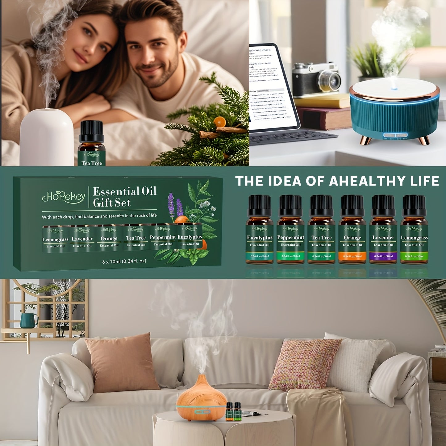 Glass Bottle Essential Oil Gift Box with Eucalyptus Mint Tea Tree Orange Lemongrass Lavender High-End Essential Oil Set for Home Deodorant Diffuser Humidifier Candle and Hair Care