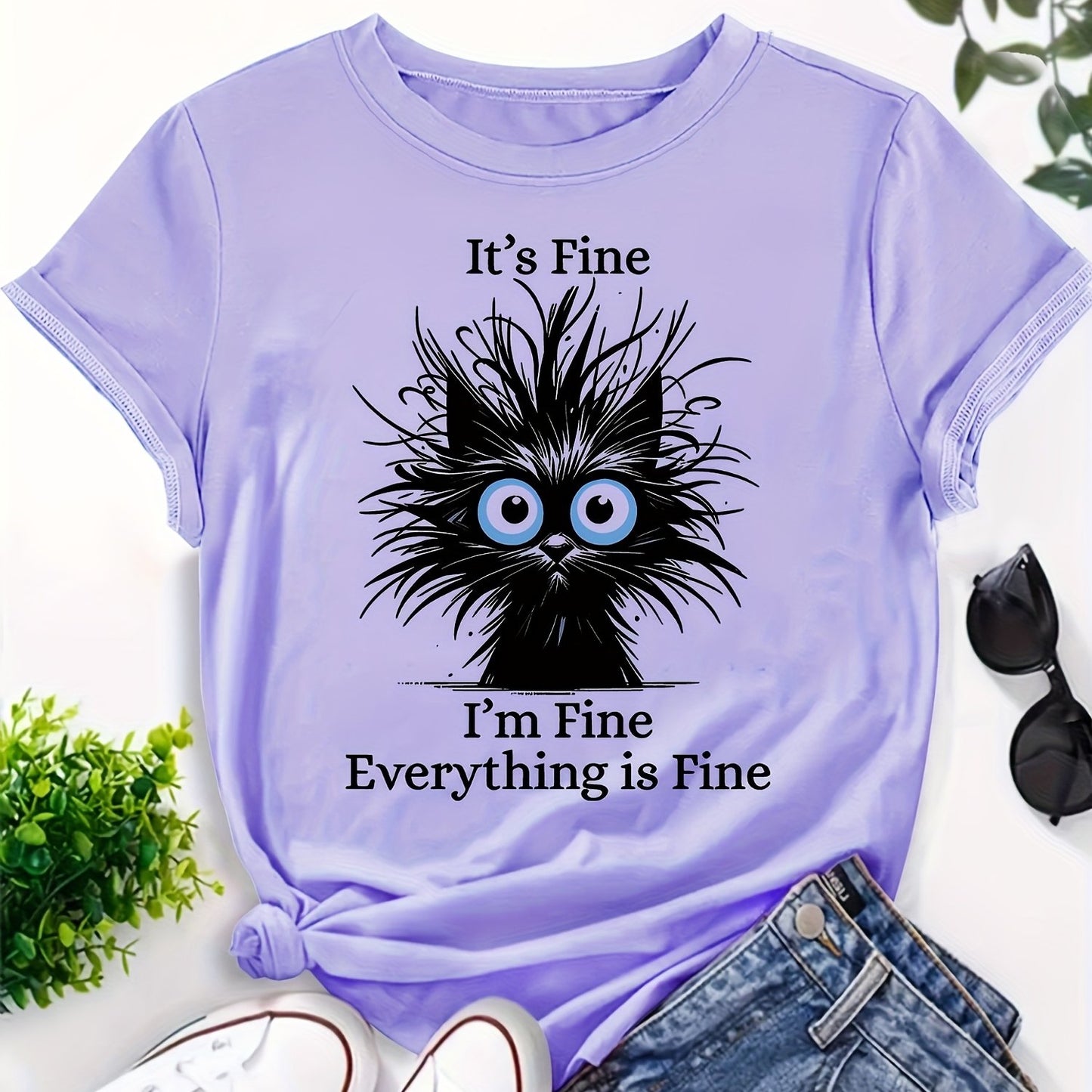 Whimsical "It's Fine I'm Fine Everything Is Fine" Women's Cat Graphic T-Shirt - Light Blue Casual Round Neck Short Sleeve, 100% Machine Washable Relaxed Fit Tee with Sarcastic Humor & Fluffy Black Cat Design, Everyday Clothin