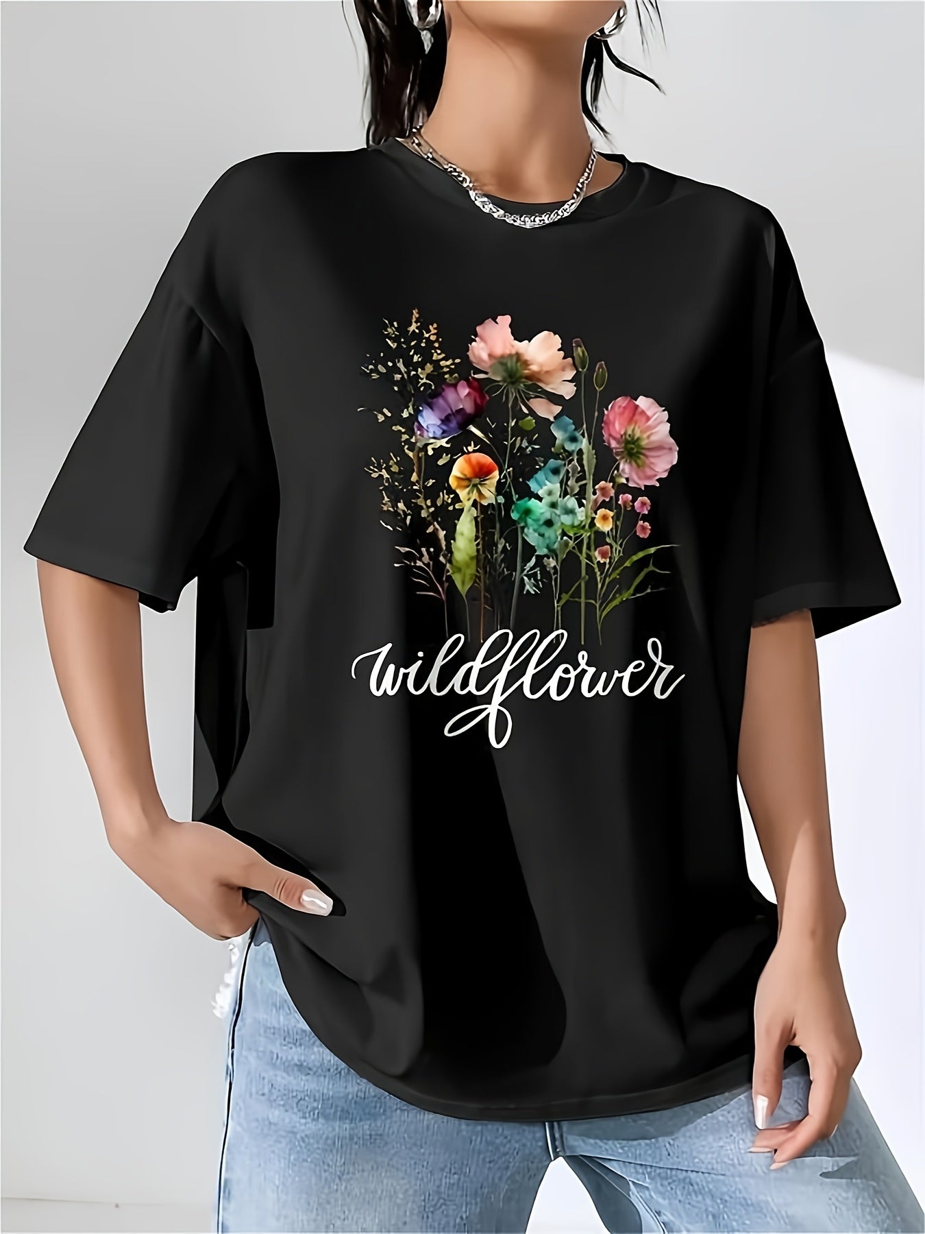 Wildflower Graphic Women's T-Shirt - Soft Short Sleeve Round Neck Casual Top, Vibrant Floral Print, Lightweight & Comfortable for Spring and Summer