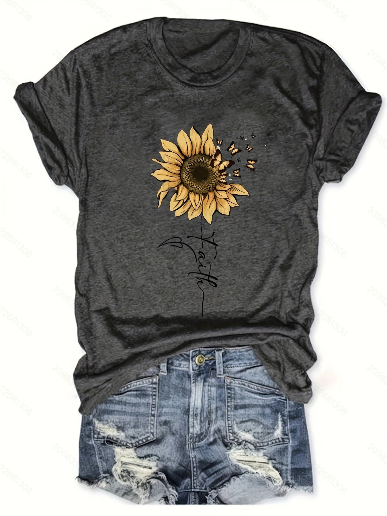 [Cheerful Touch] Women's Sunflower Butterfly T-Shirt Gray