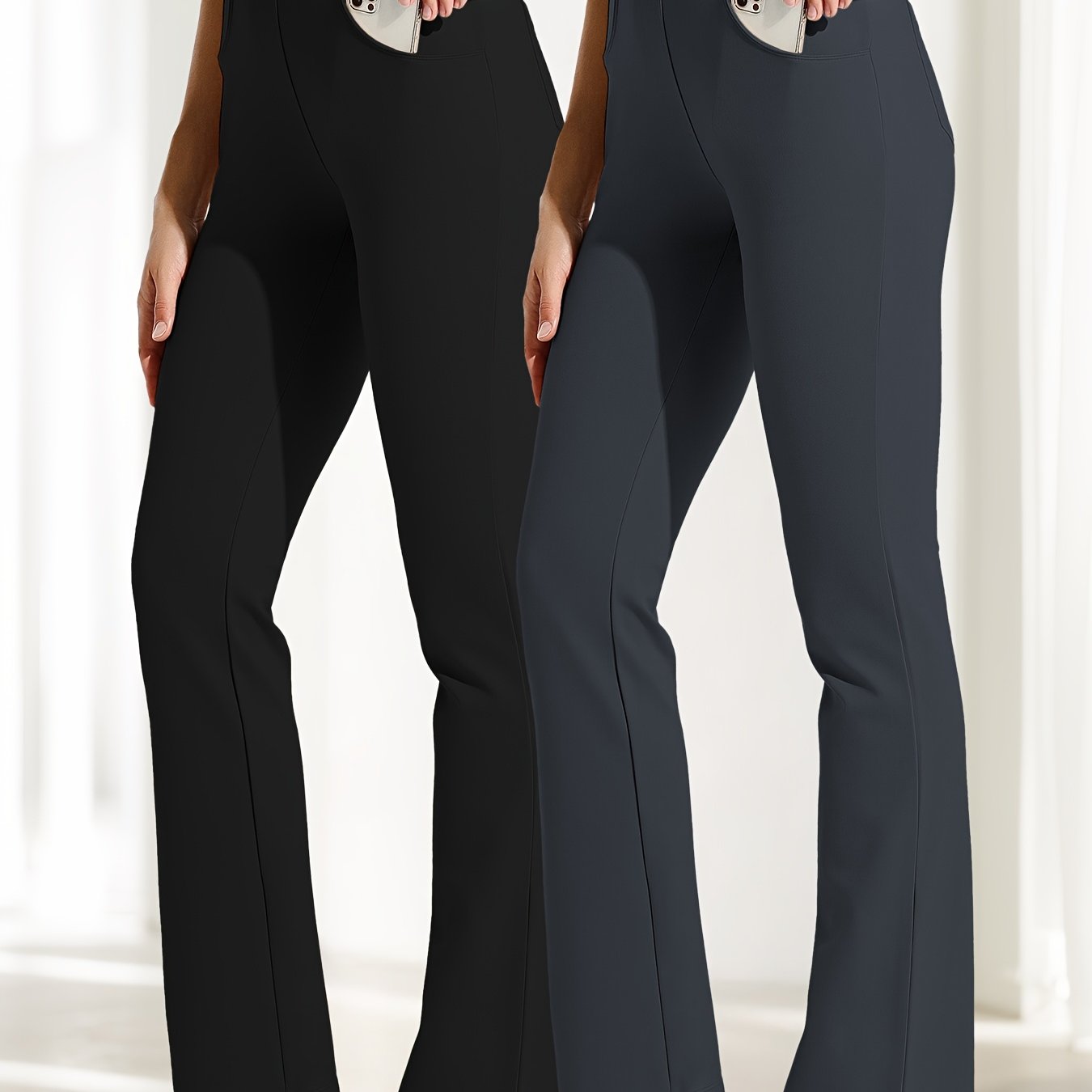2pcs Yoga Dress Pants With 4 Pockets For Women Wide Leg Pants High Waist Workout Pants Tummy Control