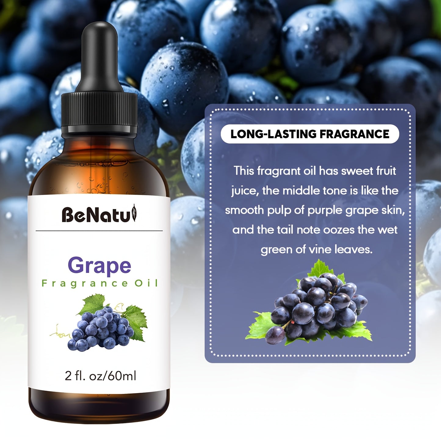 2.03 Ounce Grape Fragrance Essential Oil Premium Fruit Scent for Diffusers Humidifiers Candle Making and Sachet Bags Long Lasting Aromatherapy Oil with Dark Amber Glass Bottle and Dropper Cap