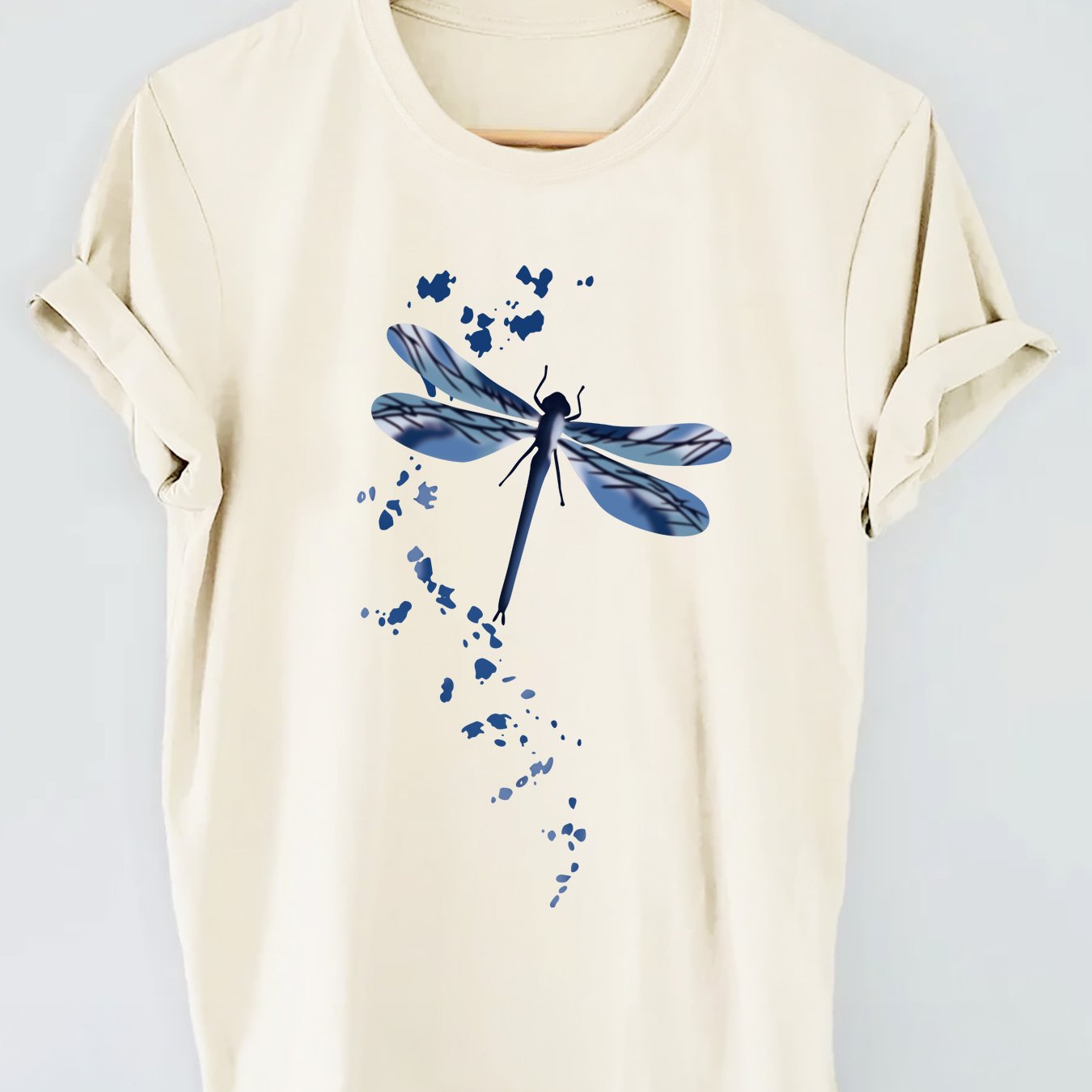 Dragonfly Pattern Printed T-shirt, Short Sleeve round Neck Casual Top, Spring and Summer Women'S Clothing 180G