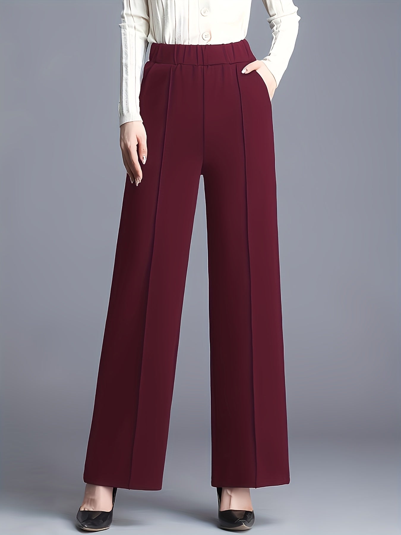 Elegant Maroon High-Waist Straight-Leg Pants for Women