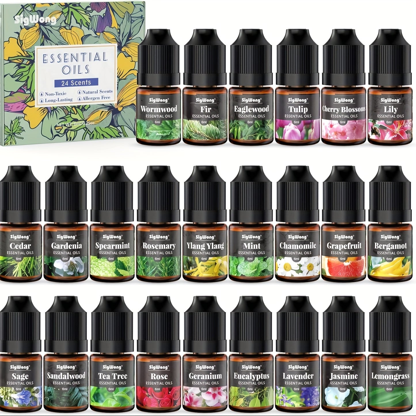 Essential Oils Set 24 Scents Fragrance Oil for Candle and Soap Making Long Lasting Natural Essential Oil for Diffuser Humidifier and Body Massage DIY Candle Making 6ml Each