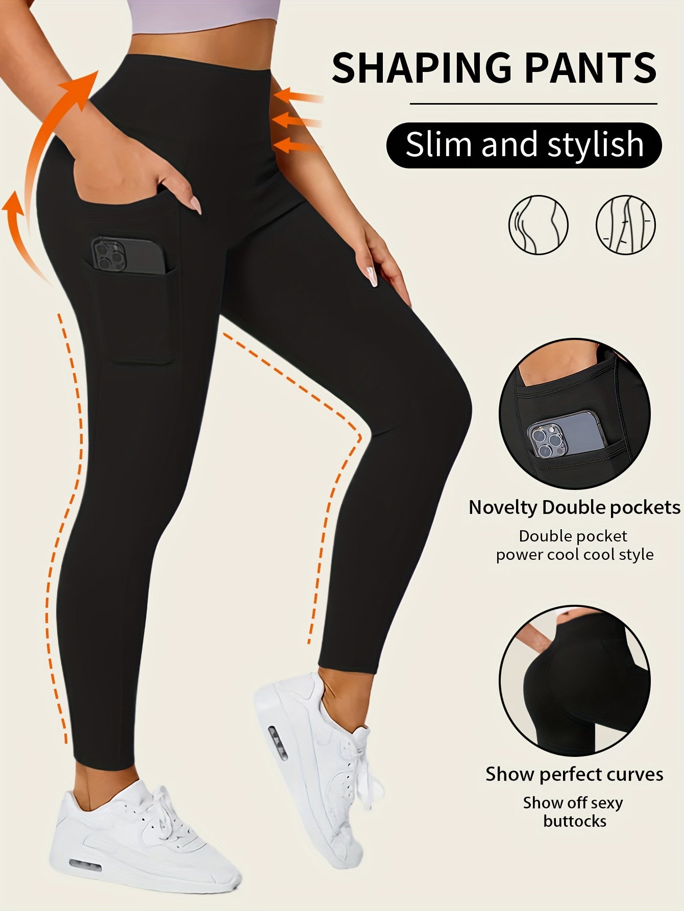 Solid Color Yoga Pants With Pocket, High Stretch Stretch Running Fitness Sports Leggings