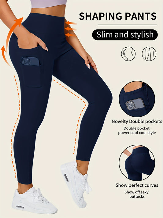 Solid Color Yoga Pants With Pocket, High Stretch Stretch Running Fitness Sports Leggings