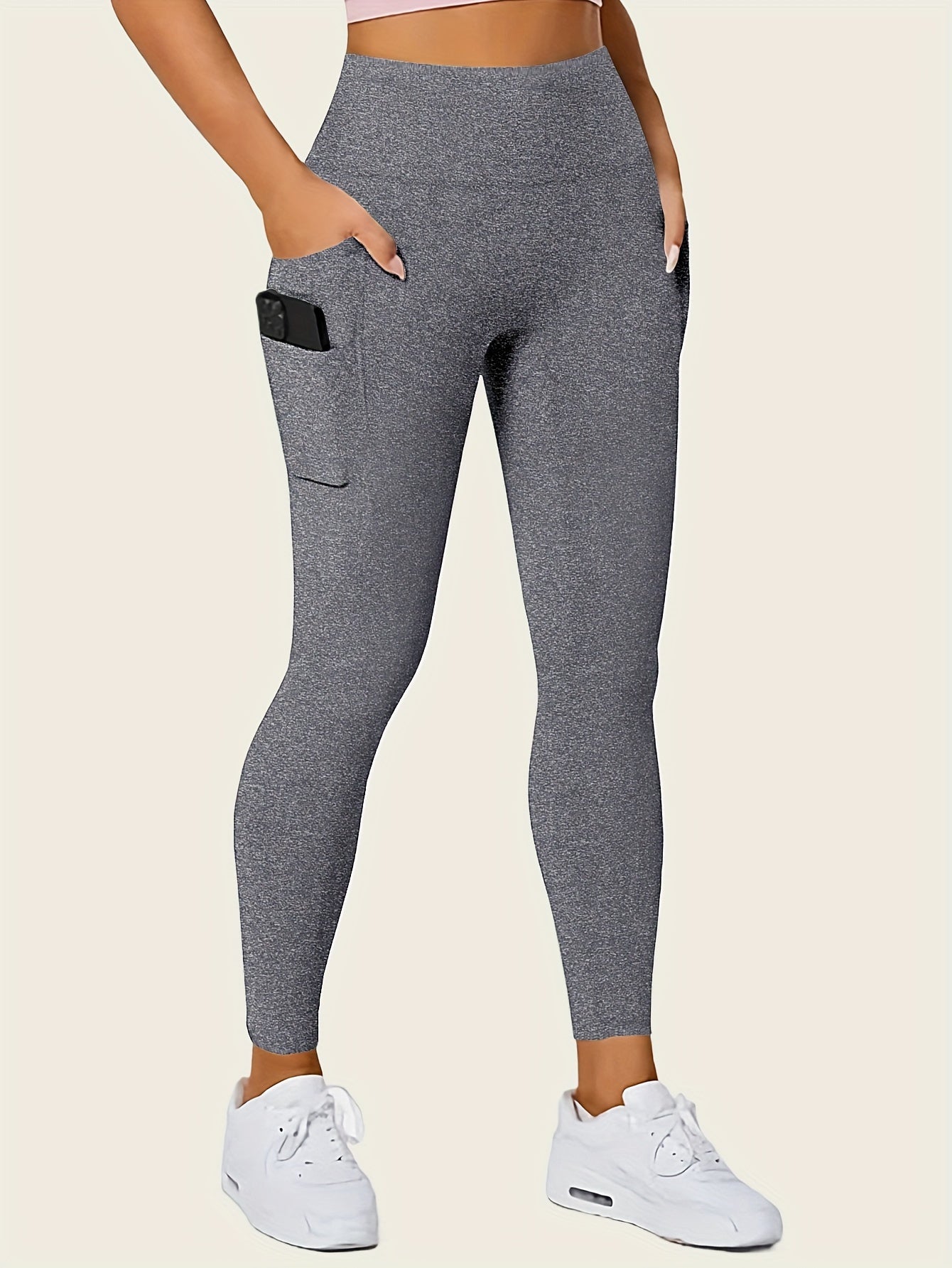 Solid Color Yoga Pants With Pocket, High Stretch Stretch Running Fitness Sports Leggings
