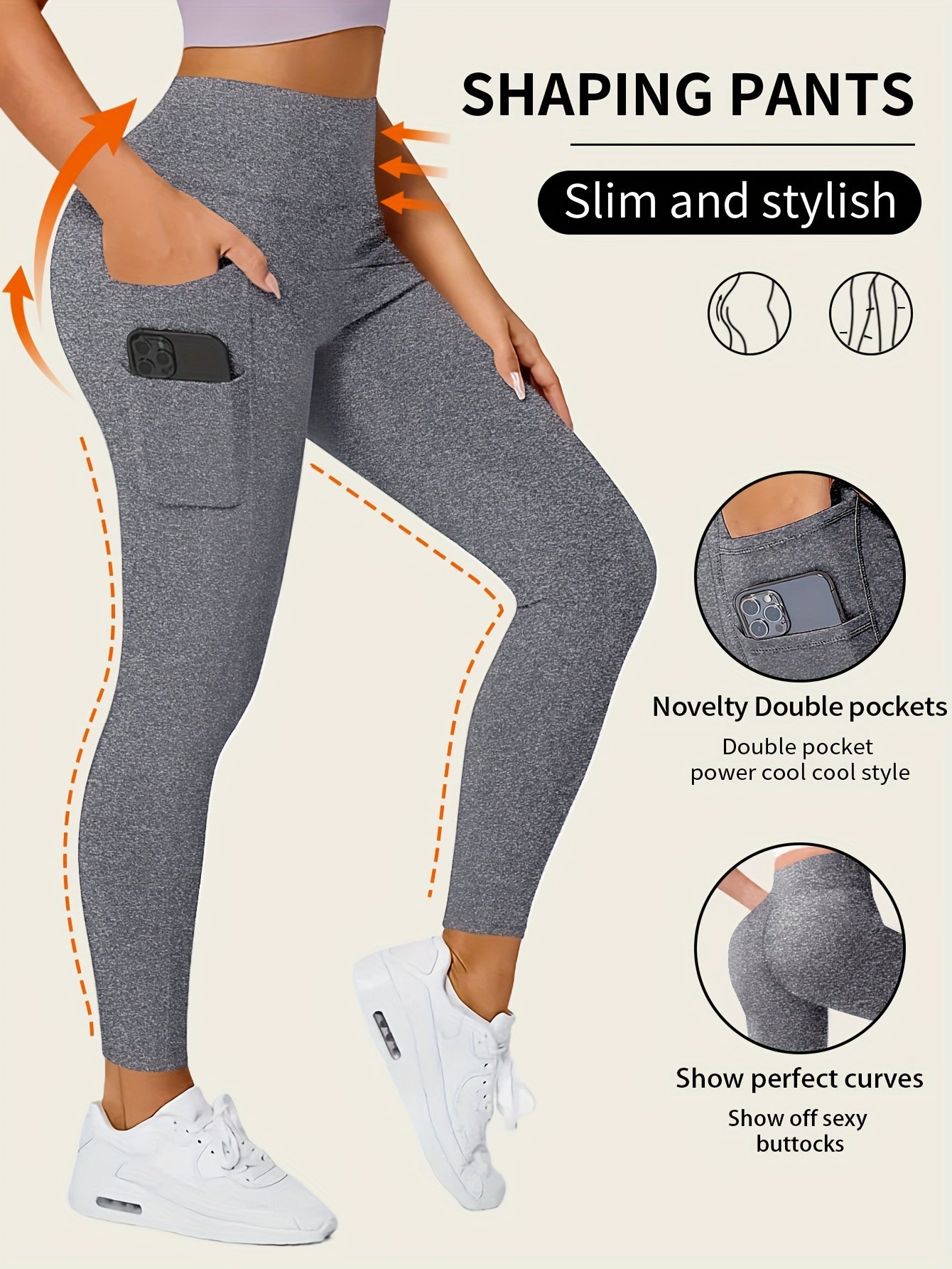 Solid Color Yoga Pants With Pocket, High Stretch Stretch Running Fitness Sports Leggings