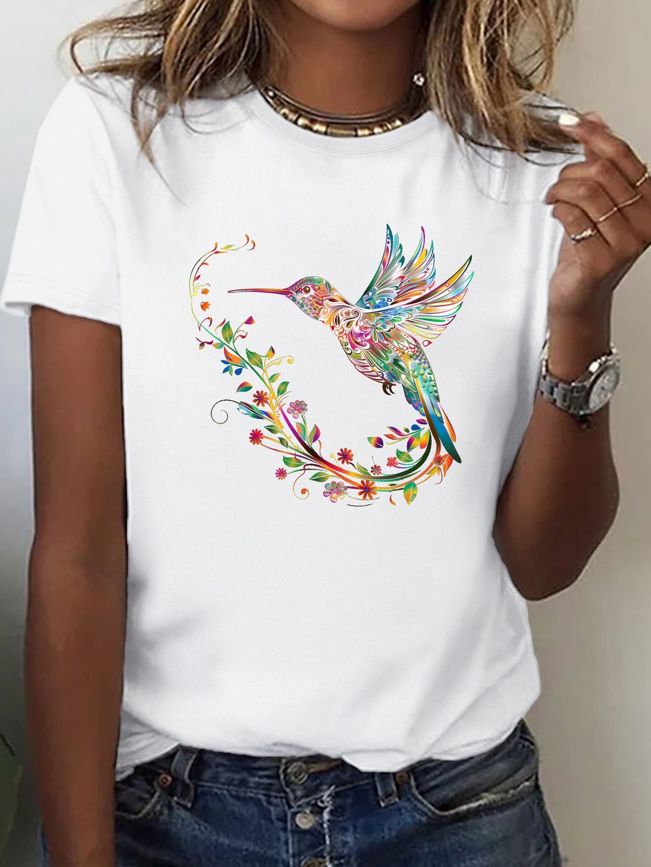 Women Hummingbird Print Crew Neck Short Sleeve T-shirt