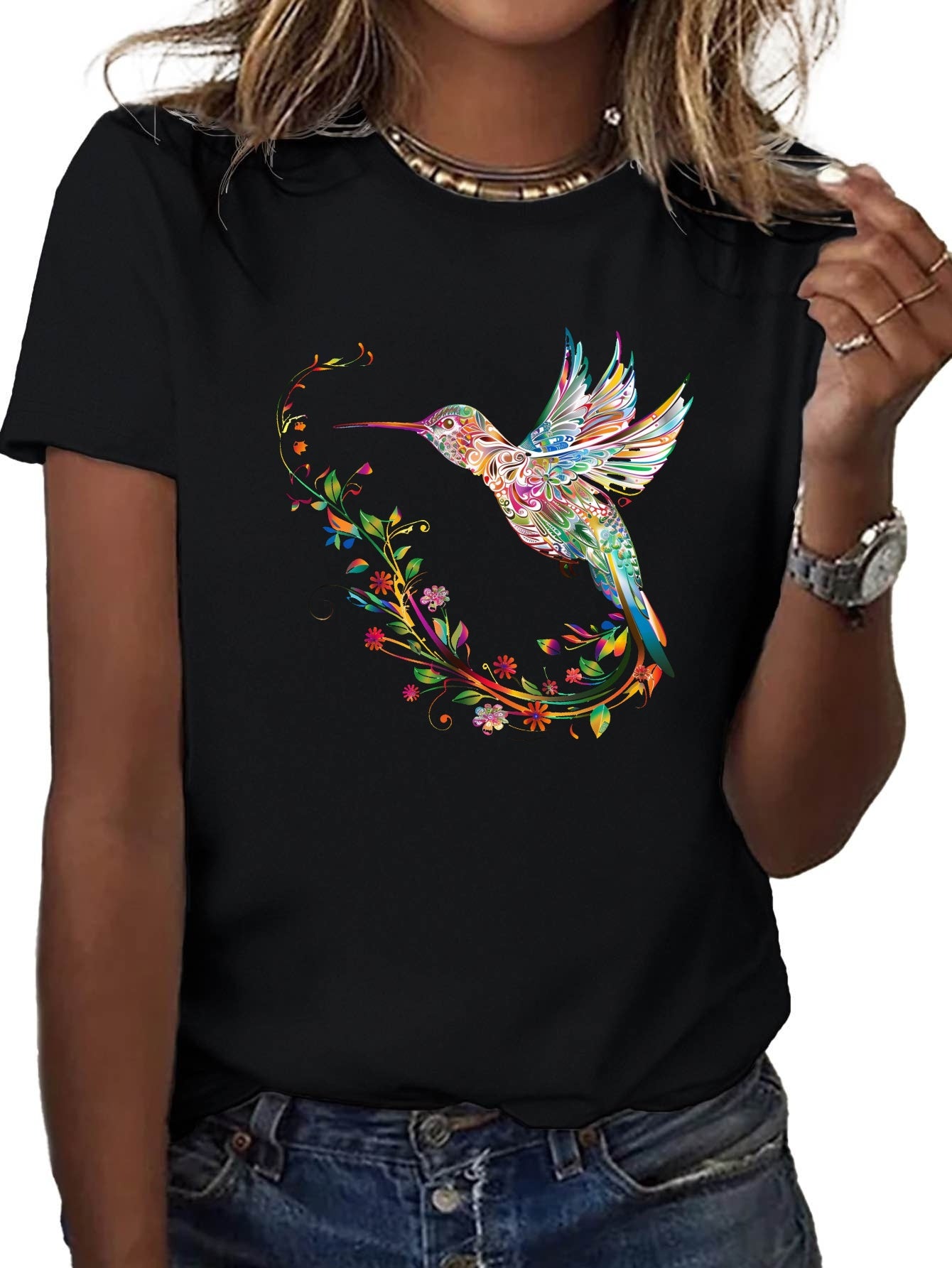 Women Hummingbird Print Crew Neck Short Sleeve T-shirt