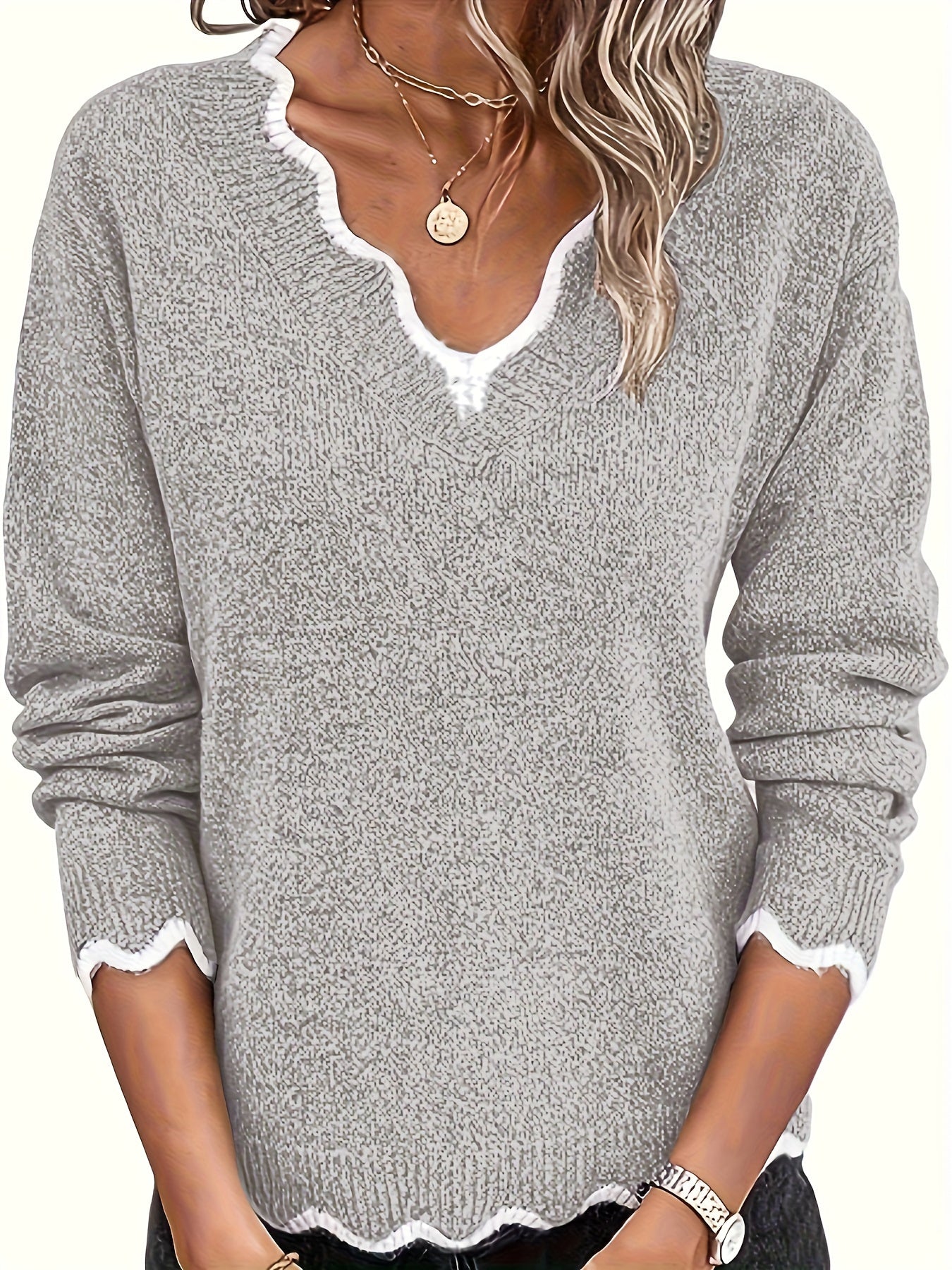 Contrast Trim V Neck Pullover Sweater,