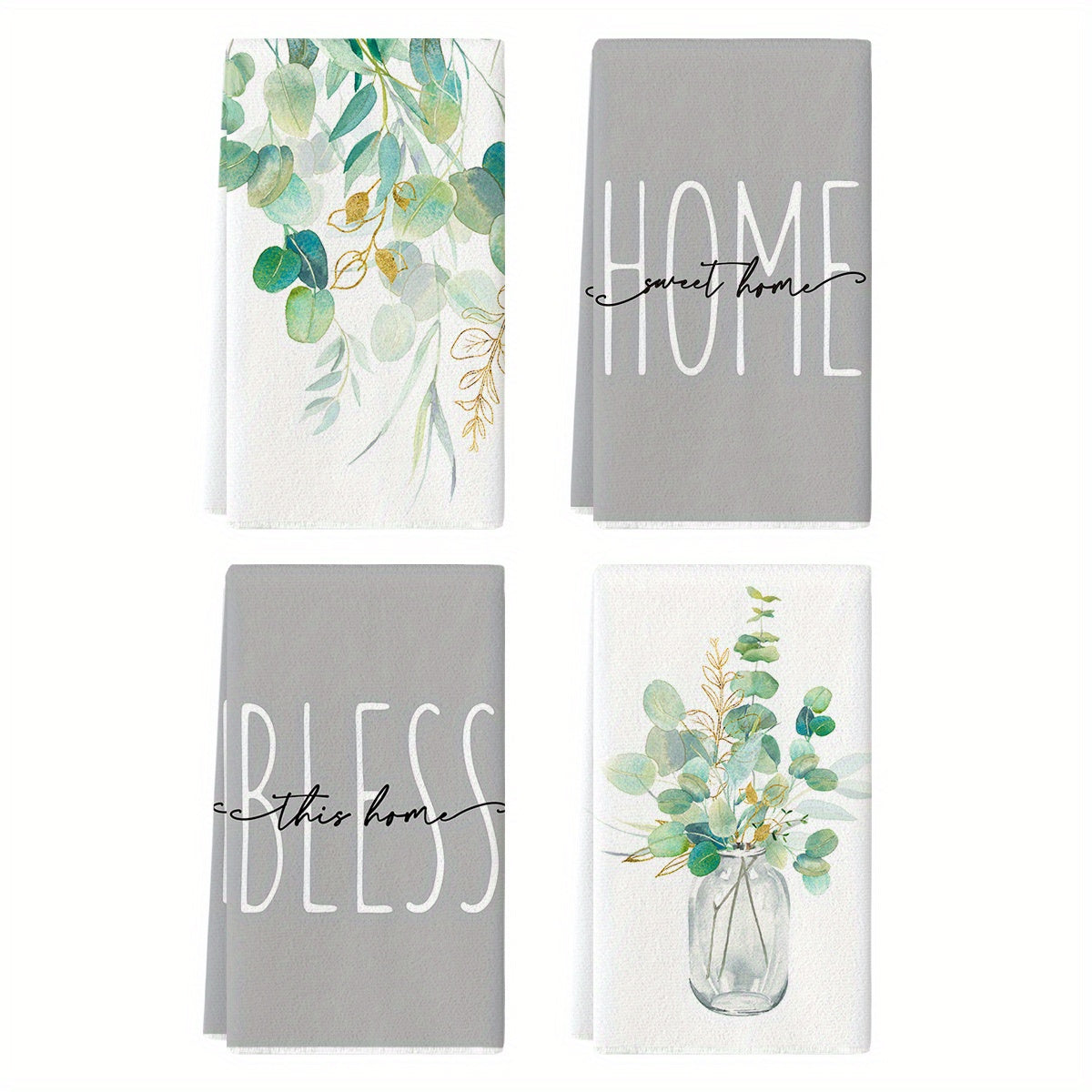 Sm:)e 4pcs Eucalyptus Gold Leaves Summer Kitchen Towels Set