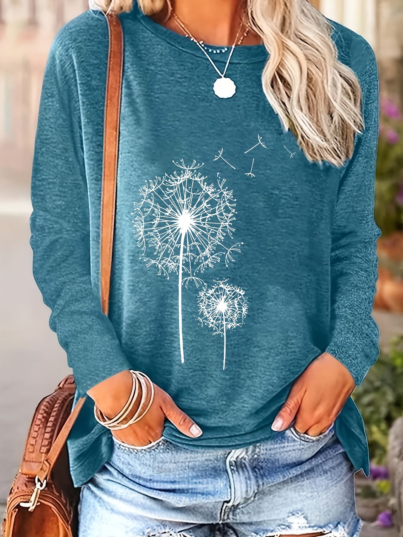 Vibrant Dandelion Print Crew Neck T-Shirt