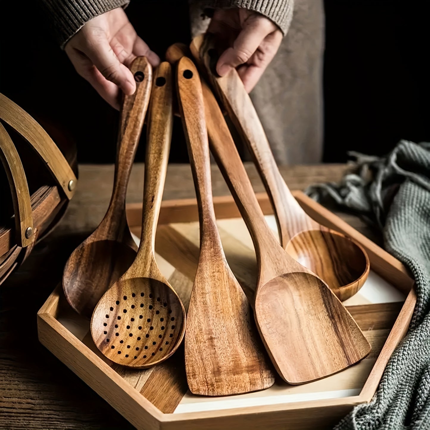 5/10pcs Premium Wooden Kitchen Utensils Set - Ergonomic Handles and Heat Resistant Essentials