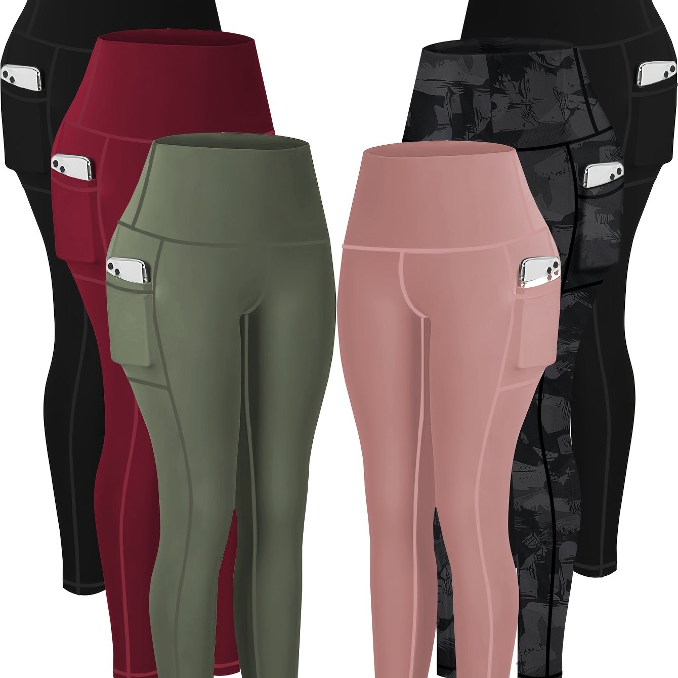 6pcs Plus Size High-Waist Yoga Leggings with Pockets - Tummy Control, Butt Lift