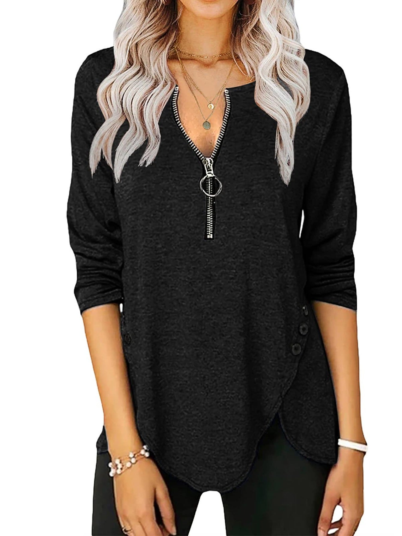 Women's Casual Long Sleeve Tunic Top with Zip Detail