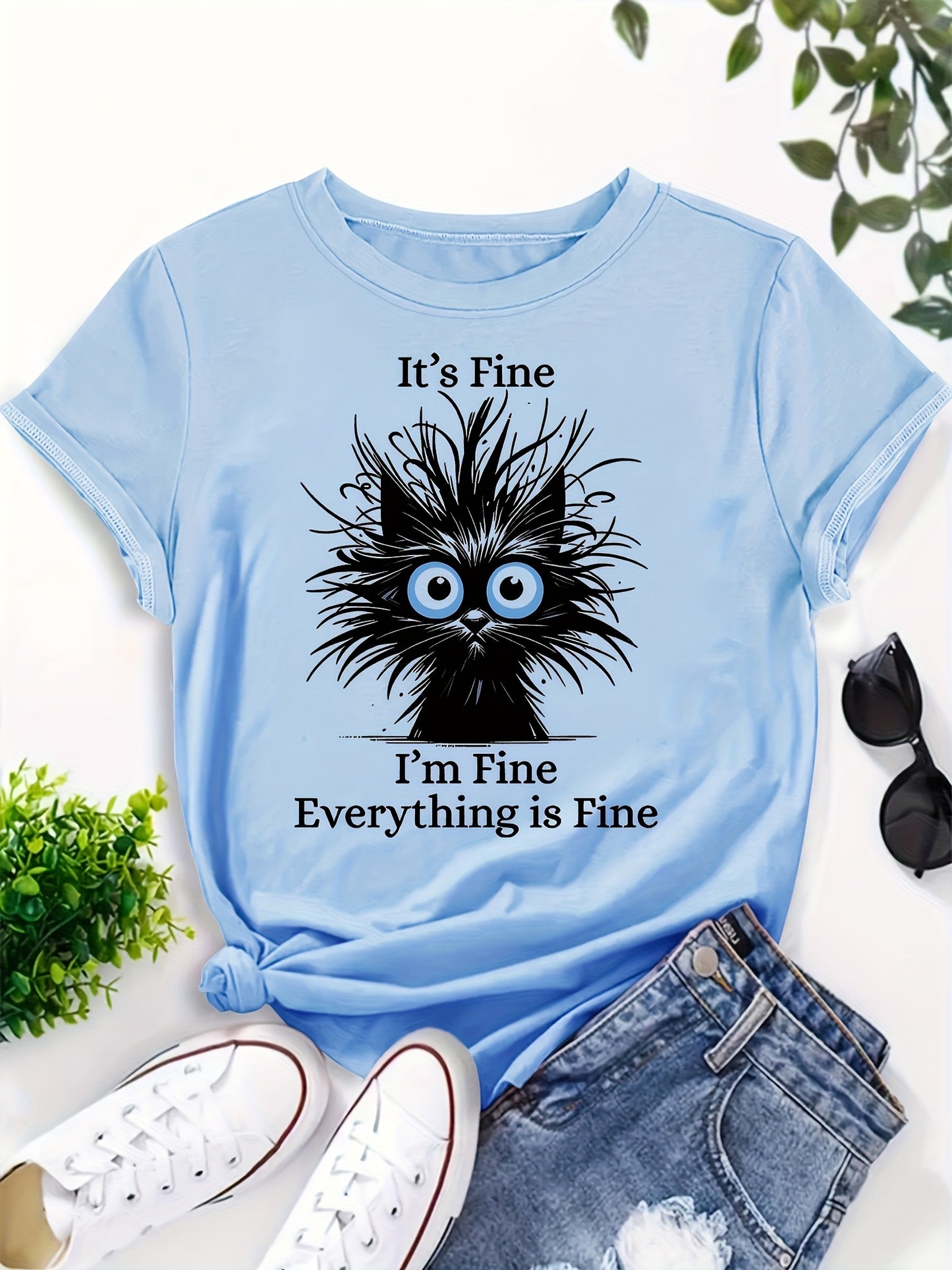 Whimsical "It's Fine I'm Fine Everything Is Fine" Women's Cat Graphic T-Shirt - Light Blue Casual Round Neck Short Sleeve, 100% Machine Washable Relaxed Fit Tee with Sarcastic Humor & Fluffy Black Cat Design, Everyday Clothin