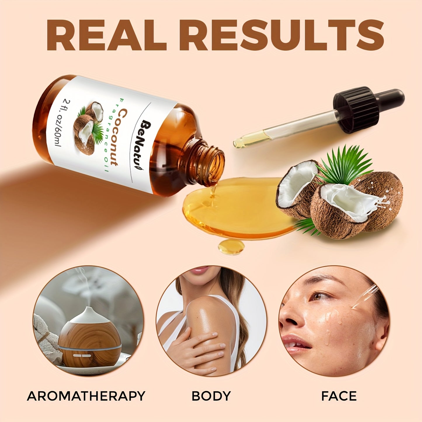 60ML Coconut Essential Oil Body Oil for Humidifier Diffuser Scented Candle Body Massage Hair Moisturizing Holiday Gift