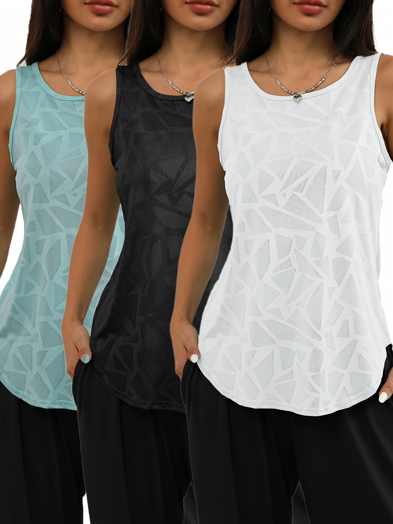 3pcs Women's Geometric Pattern Hollow Out Sports Tank Tops,