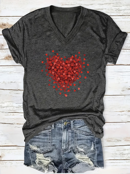 Printed T-shirt, Short Sleeve V-neck Casual Top