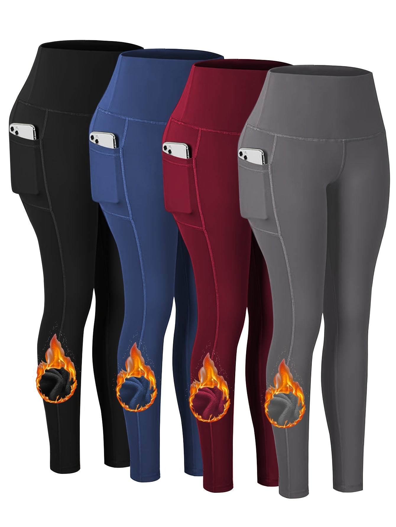 Plus Size 4pcs Set Sports Leggings, Thickened Yoga Pants With Fleece For Running,