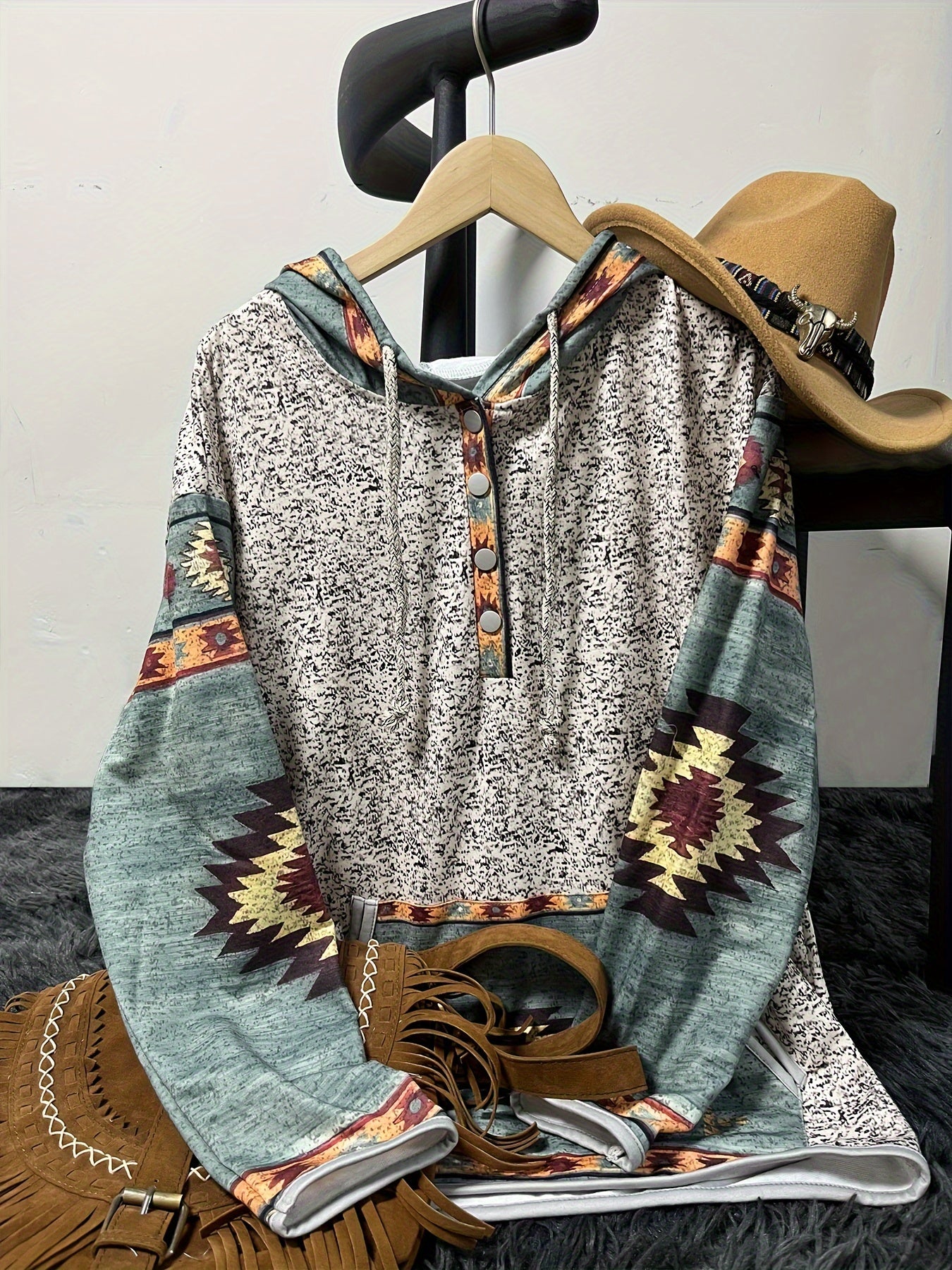 Western Ethnic Print Button Drawstring Hoodie