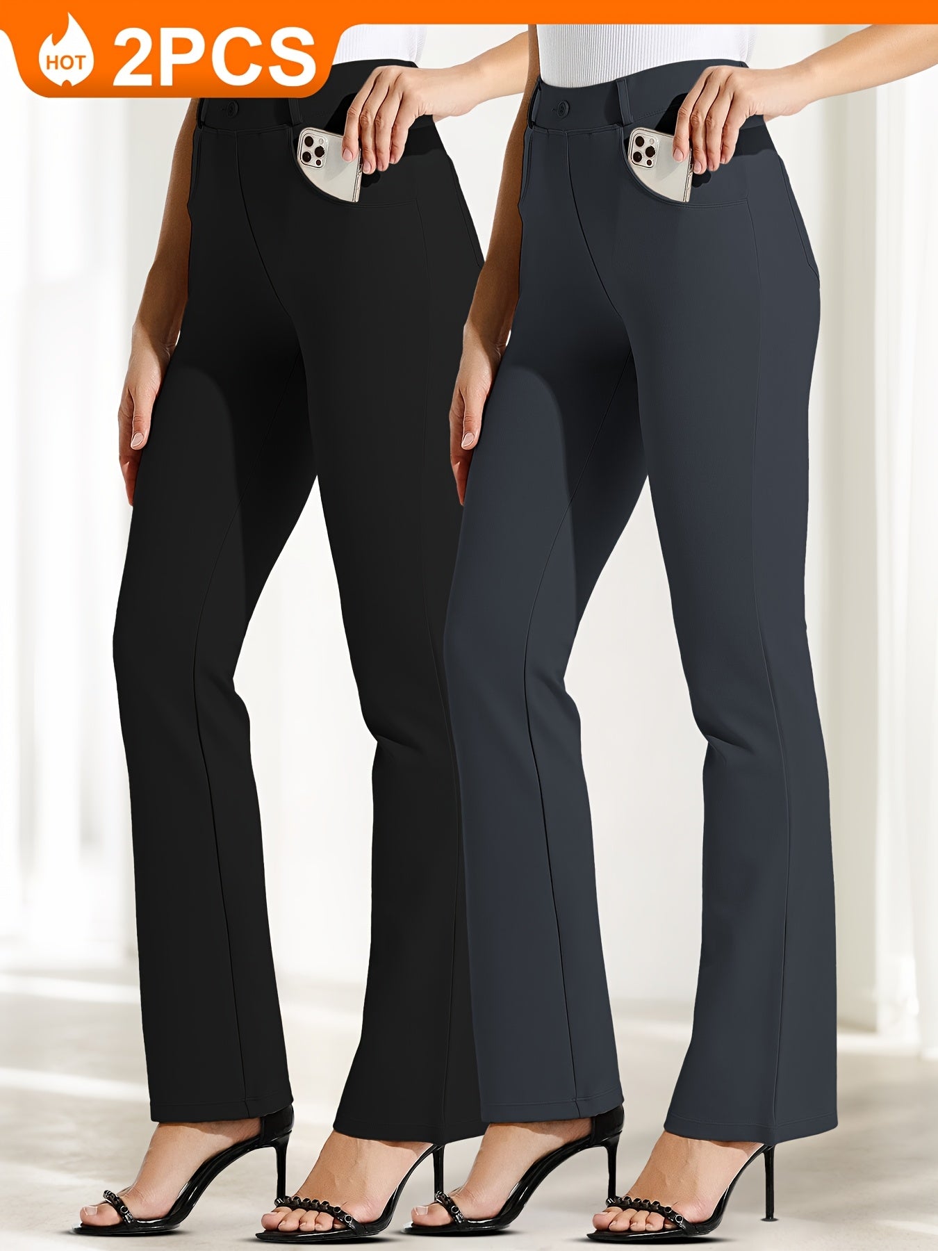2pcs Yoga Dress Pants With 4 Pockets For Women Wide Leg Pants High Waist Workout Pants Tummy Control