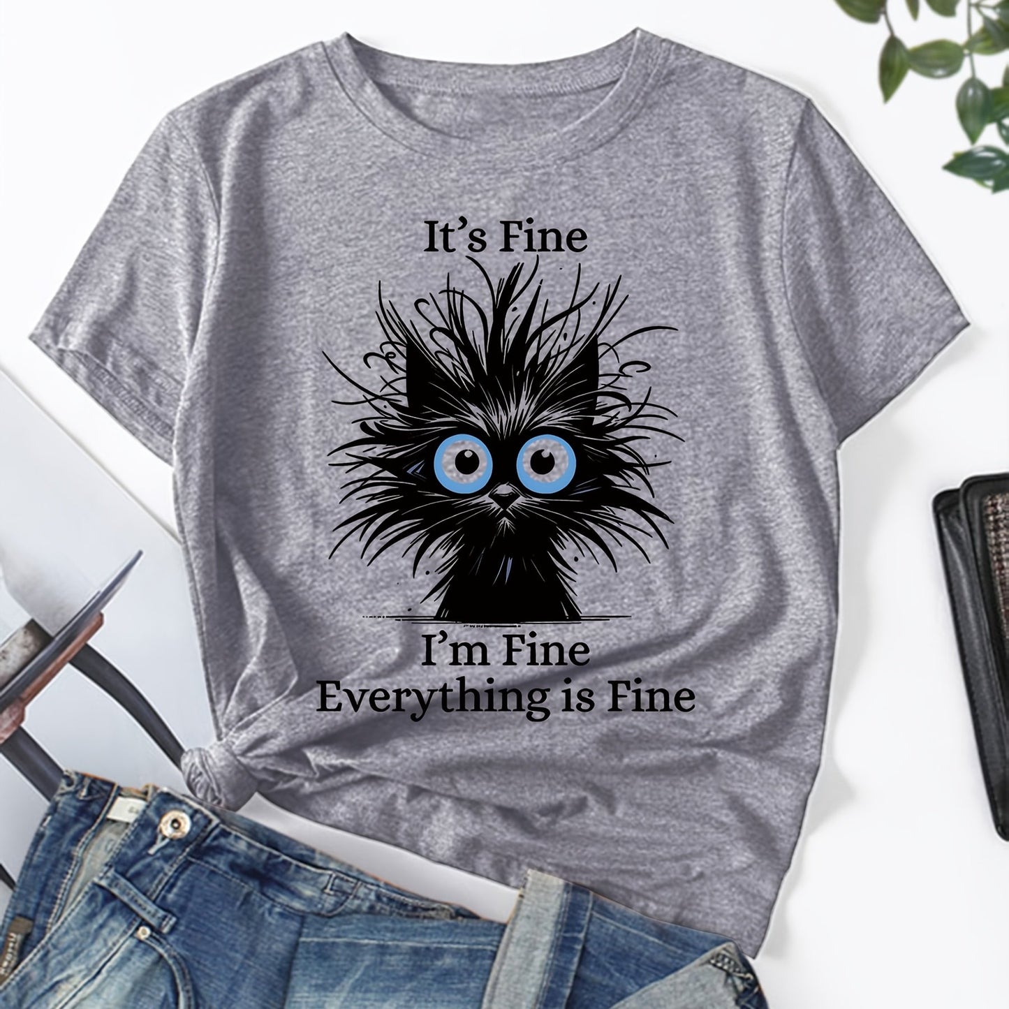Whimsical "It's Fine I'm Fine Everything Is Fine" Women's Cat Graphic T-Shirt - Light Blue Casual Round Neck Short Sleeve, 100% Machine Washable Relaxed Fit Tee with Sarcastic Humor & Fluffy Black Cat Design, Everyday Clothin