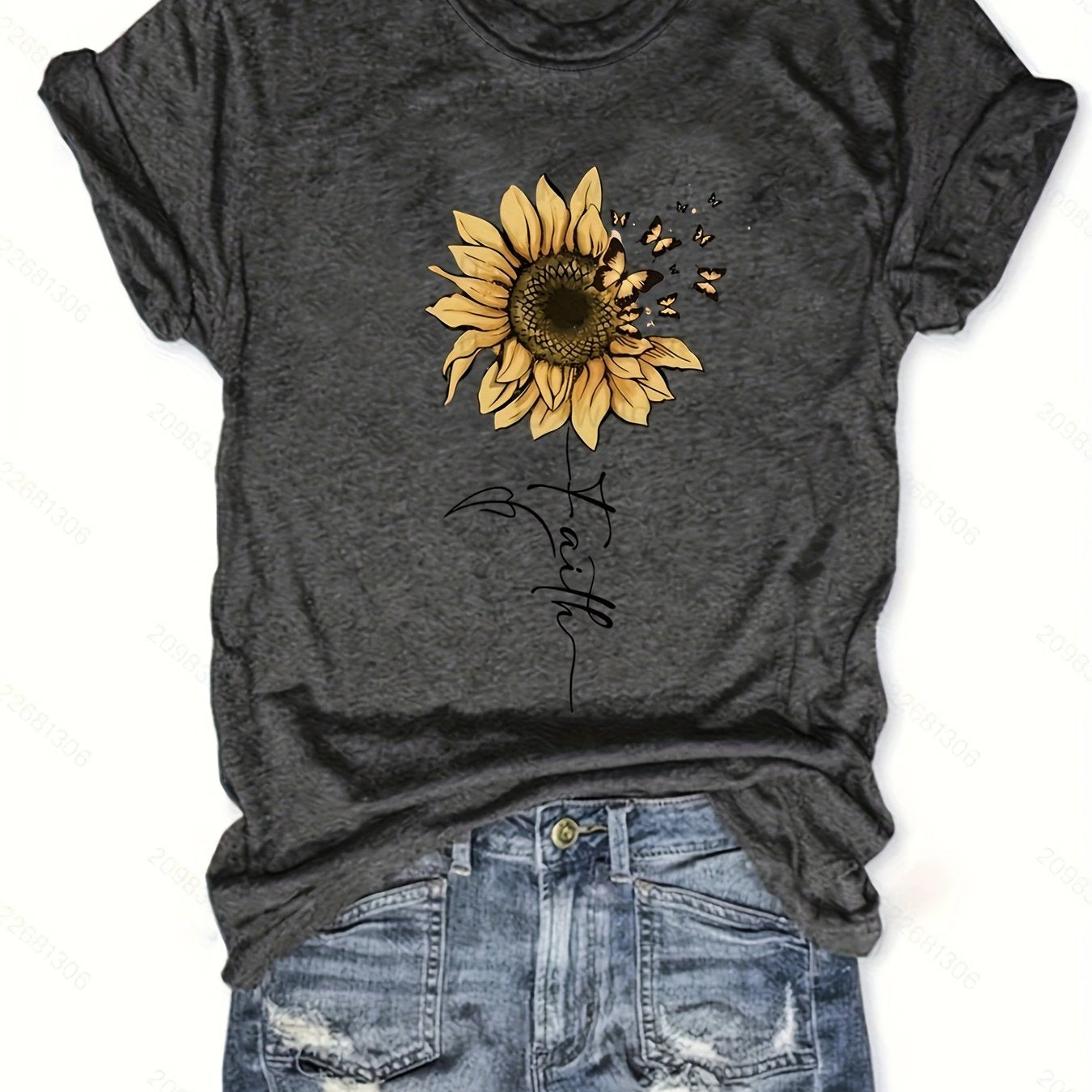 [Cheerful Touch] Women's Sunflower Butterfly T-Shirt Gray