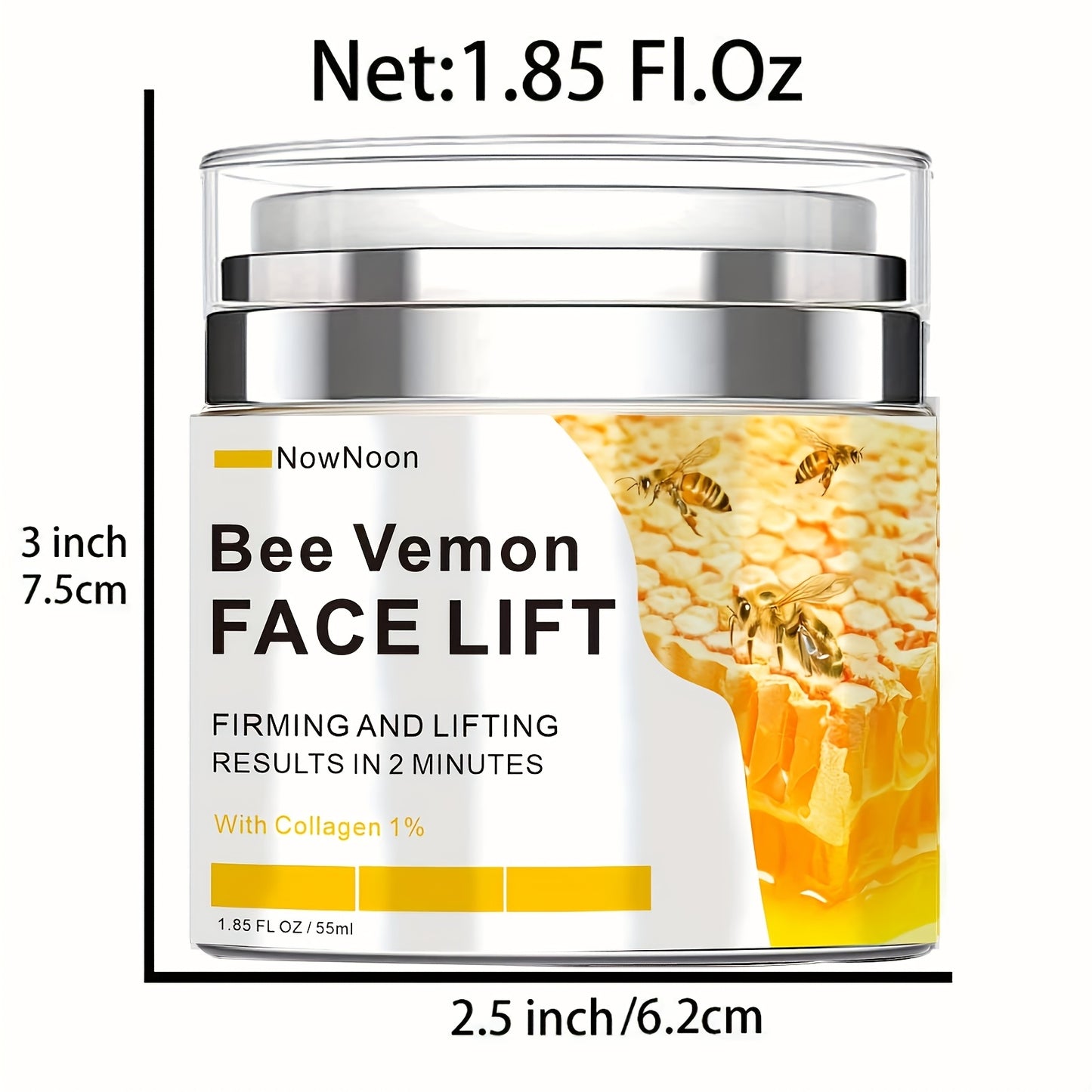 NowNoon Bee Venom Instant Facial Lifting Cream 1.85 Fl Oz Tightens and Lifts Smooths Fine Lines and Wrinkles Moisturizes Alcohol Free Hydroxy Acid Formula Suitable for All Skin Types