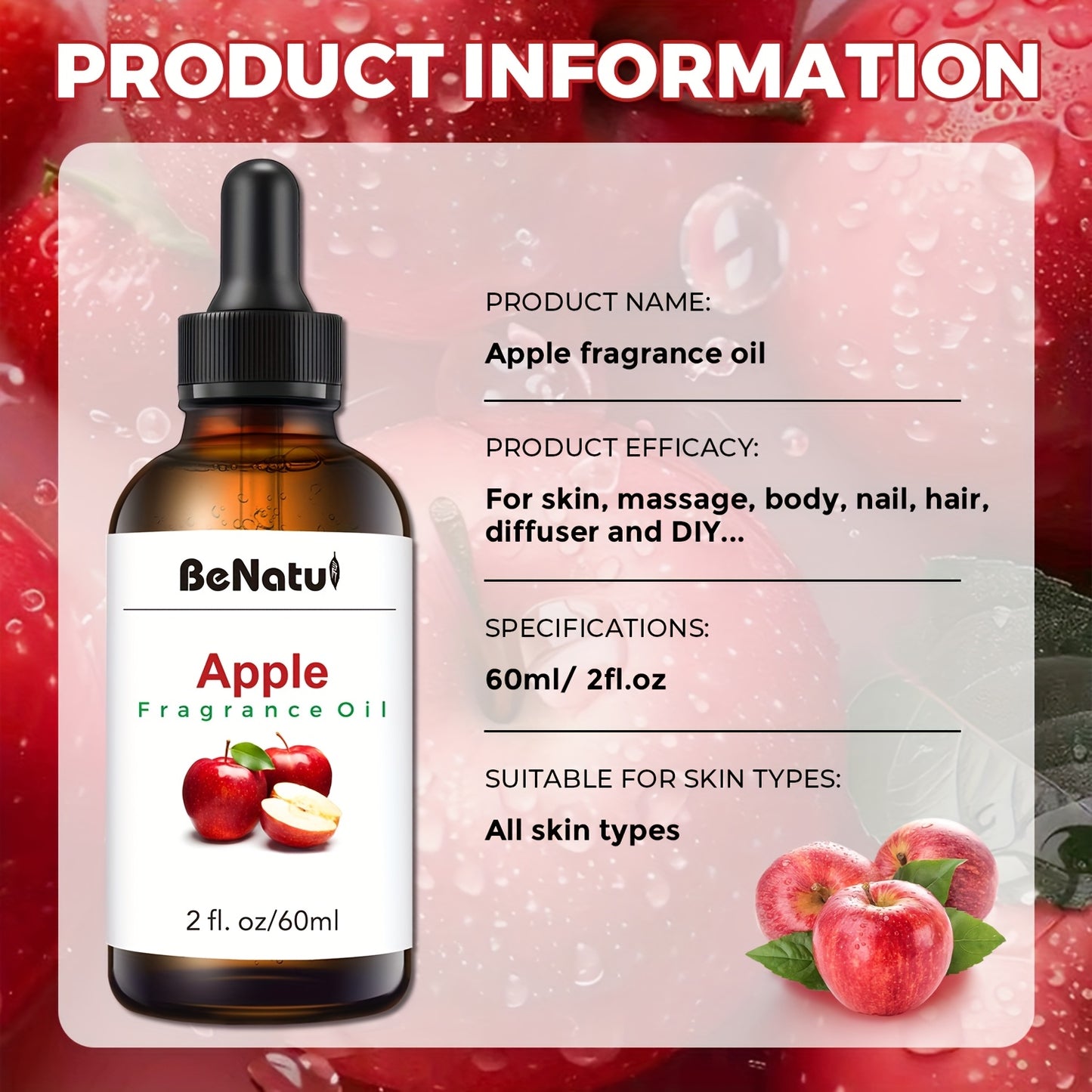 Apple Fragrance Essential Oil 60ml For Humidifier Diffuser Scented Candle Suitable For Bedroom Home Hotel Restaurant Local Warehouse