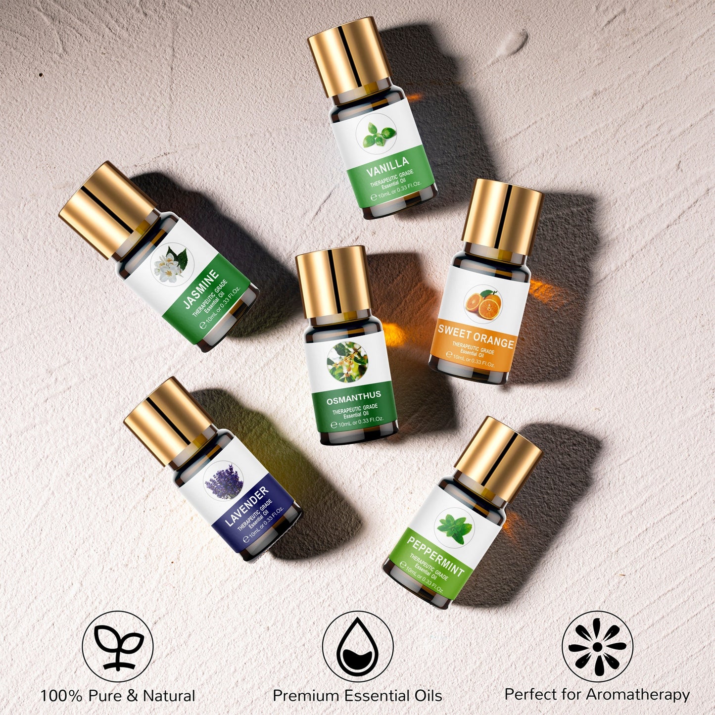 Essential Oil Set 8 Bottles 0.34oz Wooden Box Lavender Mint Vanilla Sweet Orange Jasmine Eucalyptus Ylang Ylang Osmanthus