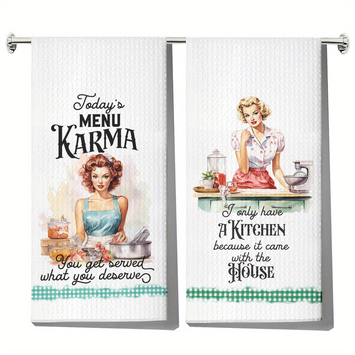 2 Pack Funny Retro Woman Kitchen Towels Absorbent Soft Tea Towel Set Quick Drying Dish Cloths Kitchen Themed Decoration Cleaning Supplies