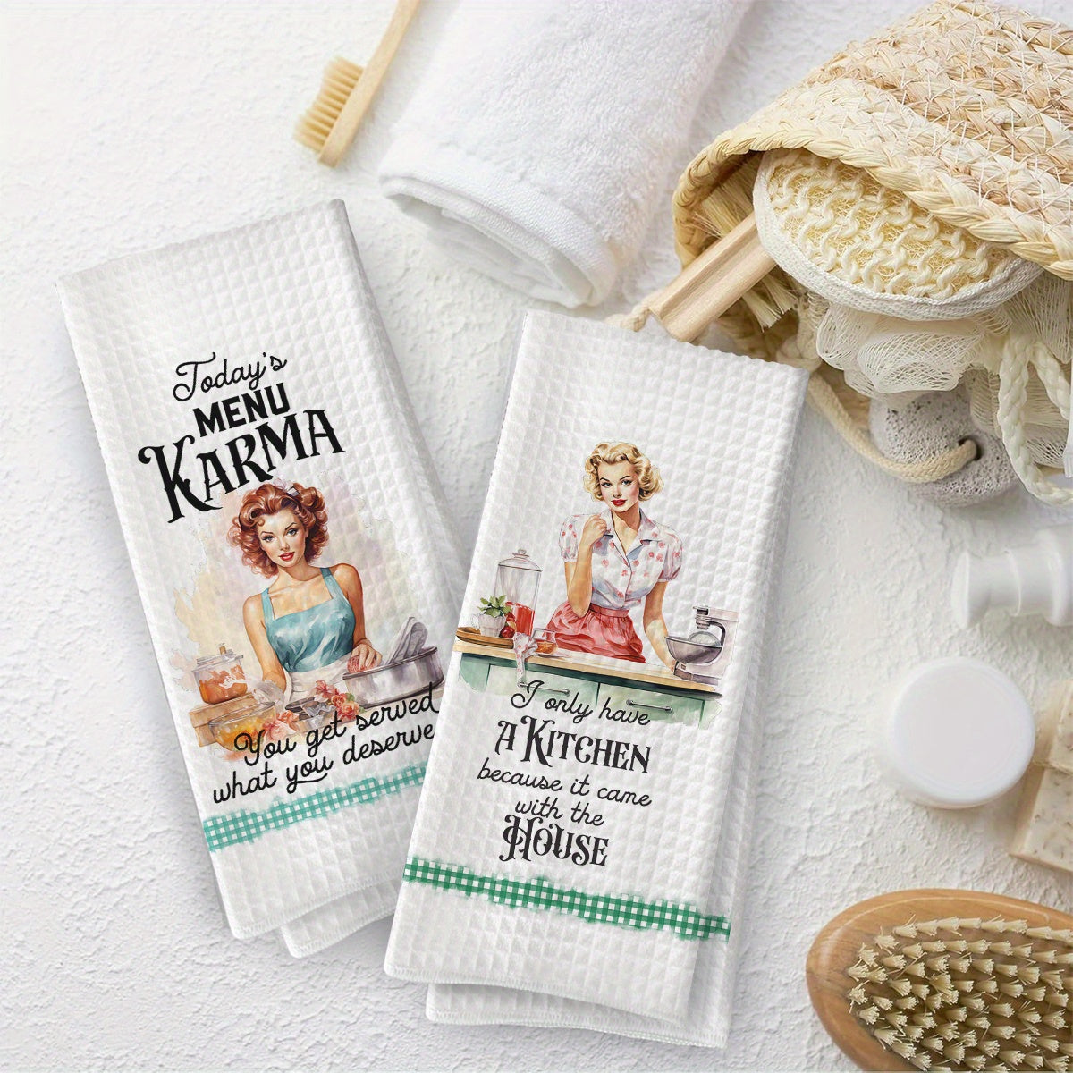 2 Pack Funny Retro Woman Kitchen Towels Absorbent Soft Tea Towel Set Quick Drying Dish Cloths Kitchen Themed Decoration Cleaning Supplies