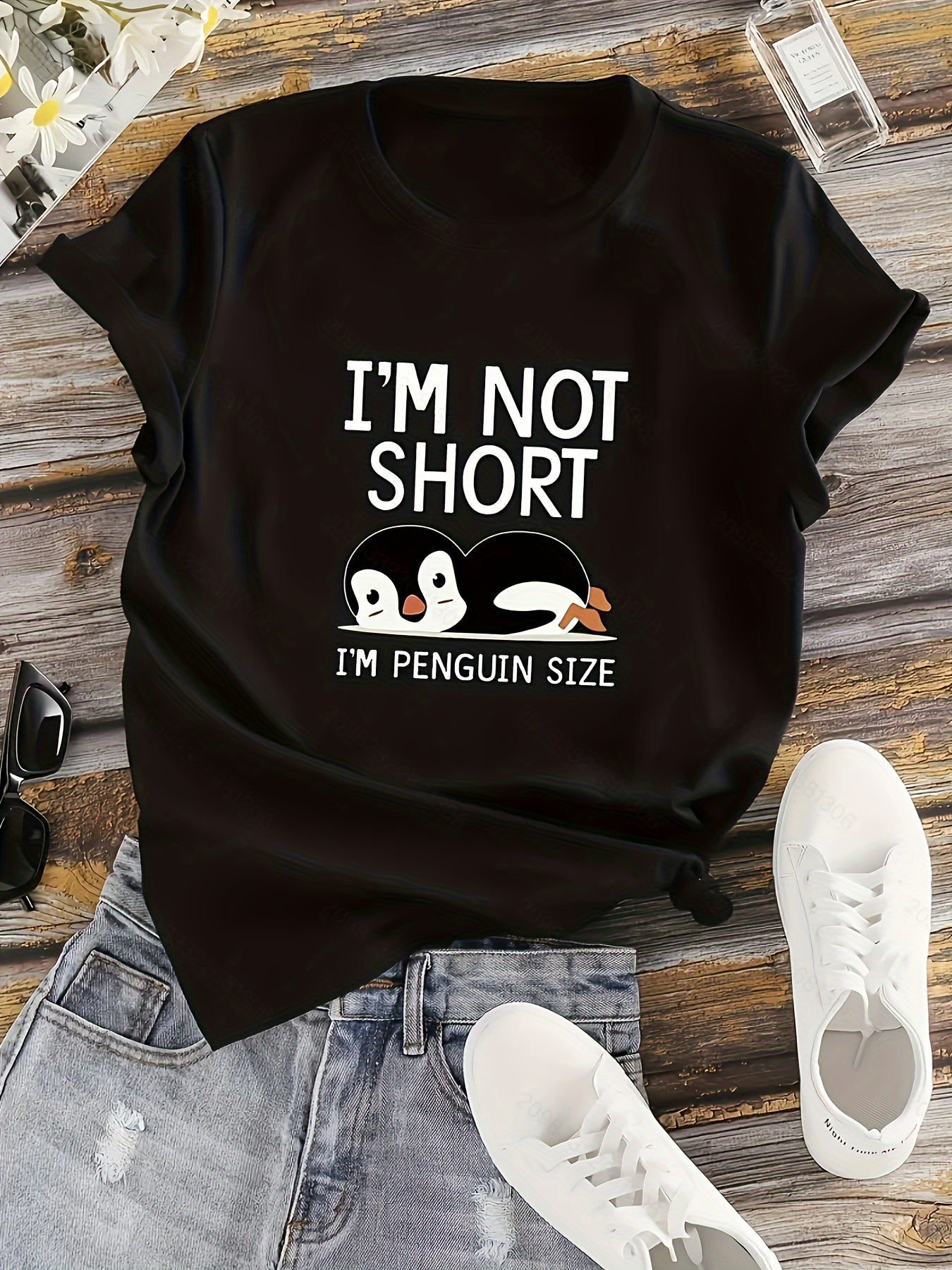 I'M NOT SHORT Print Crew Neck T-Shirt, Casual Short Sleeve T-Shirt For Spring & Summer, Women's Clothing