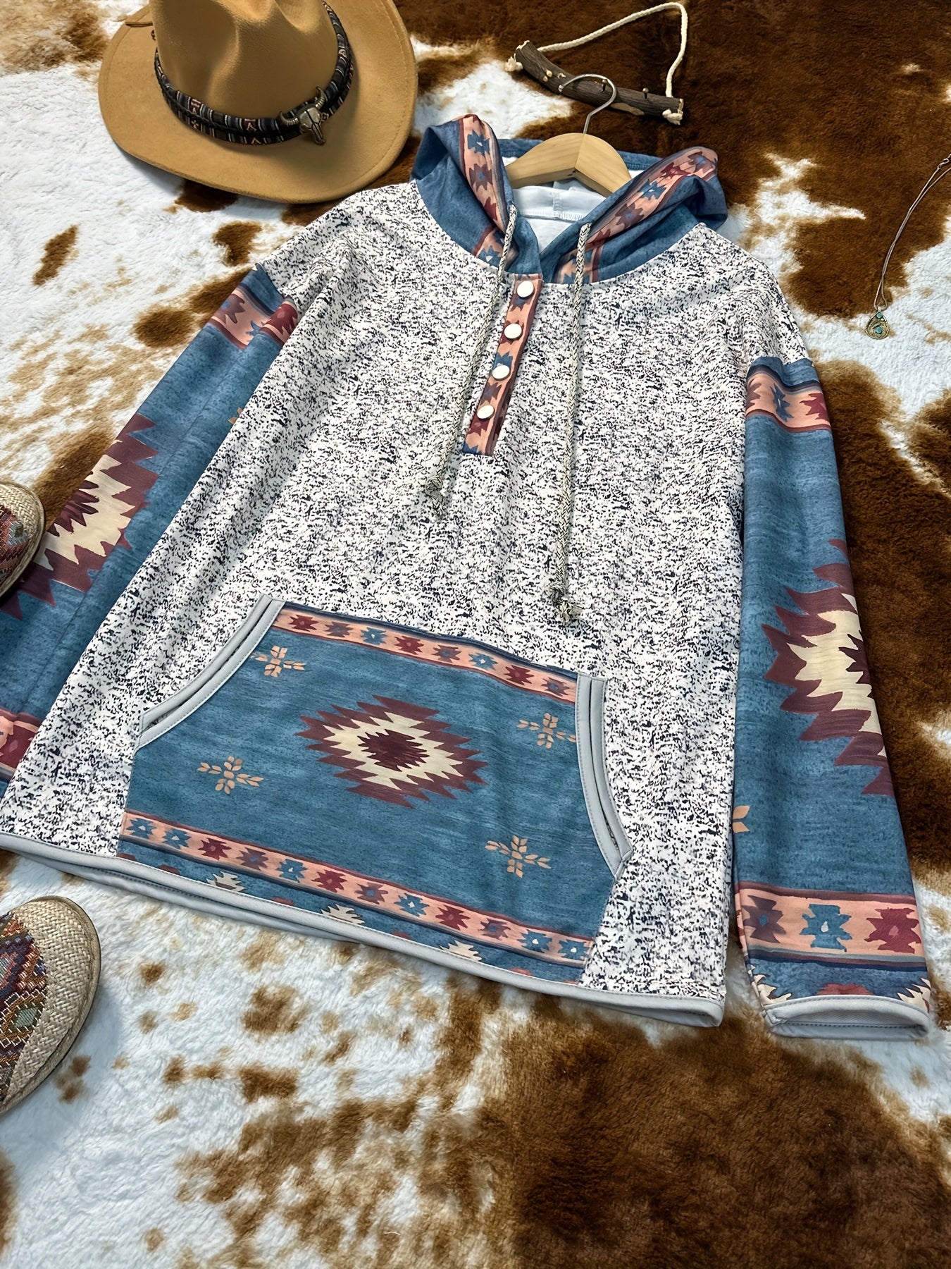 Western Ethnic Print Button Drawstring Hoodie