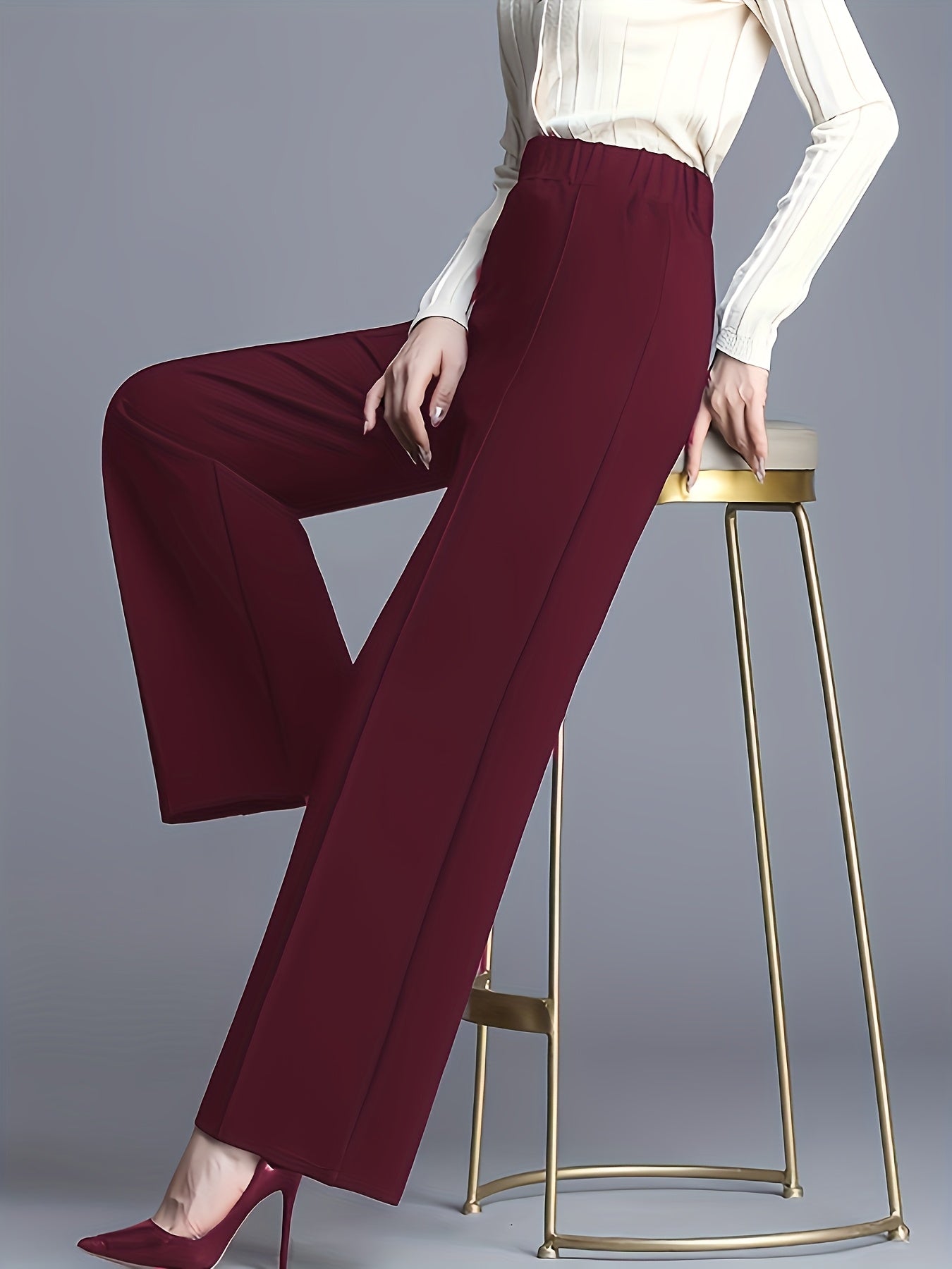 Elegant Maroon High-Waist Straight-Leg Pants for Women