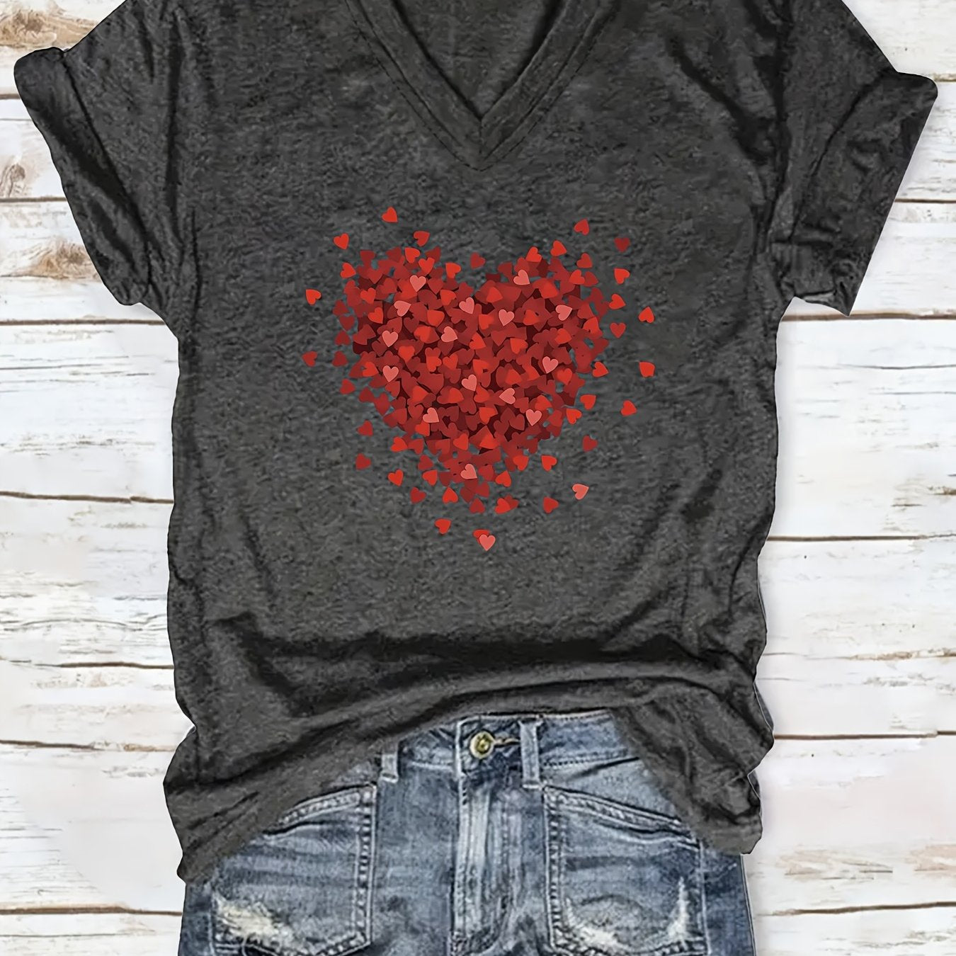 Printed T-shirt, Short Sleeve V-neck Casual Top