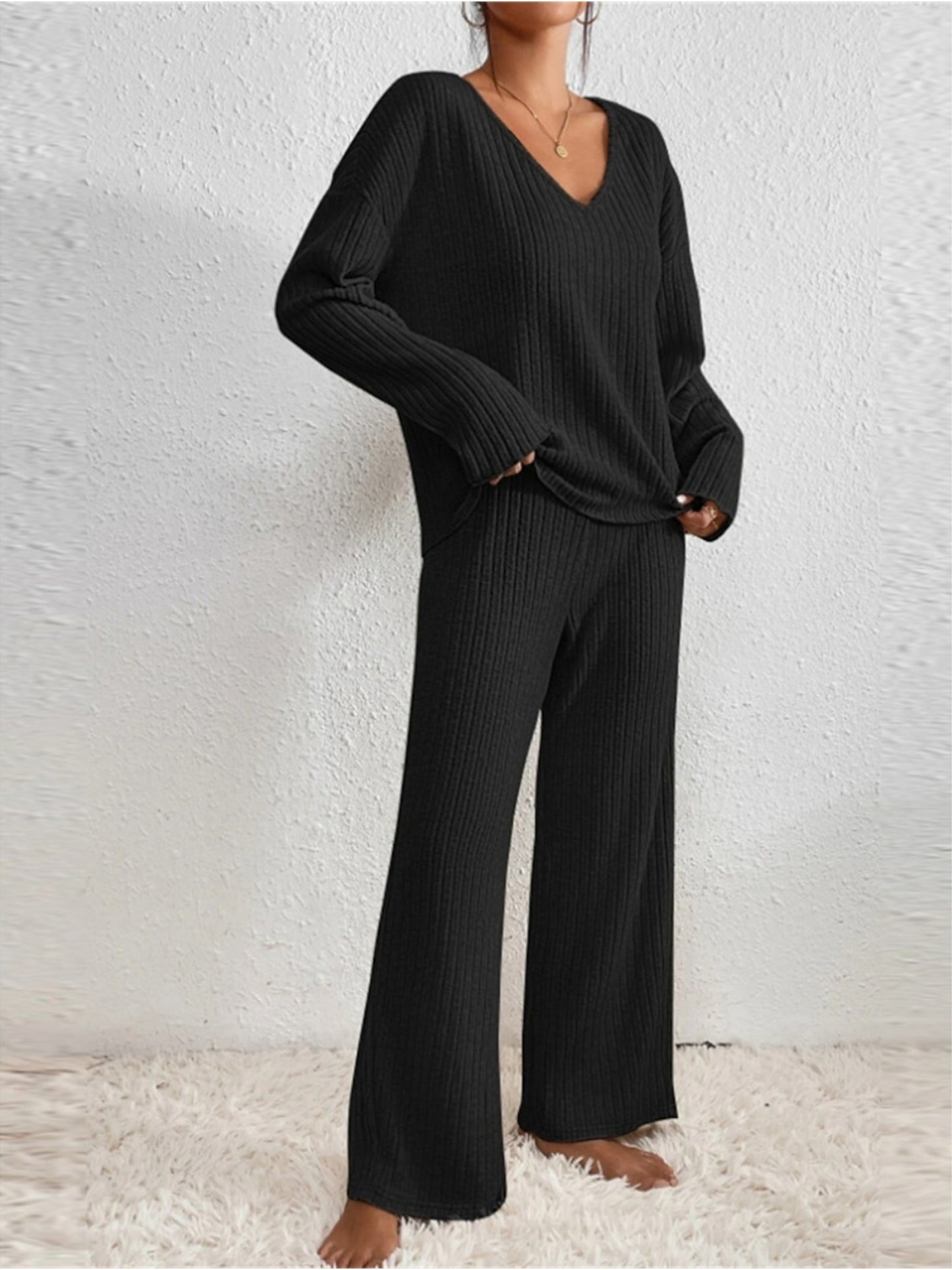 Spring, Autumn and Winter Loose Ribbed Straight Pants Suit
