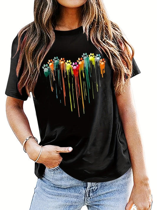 Women's Casual Short Sleeve T-Shirt with Colorful Heart Print