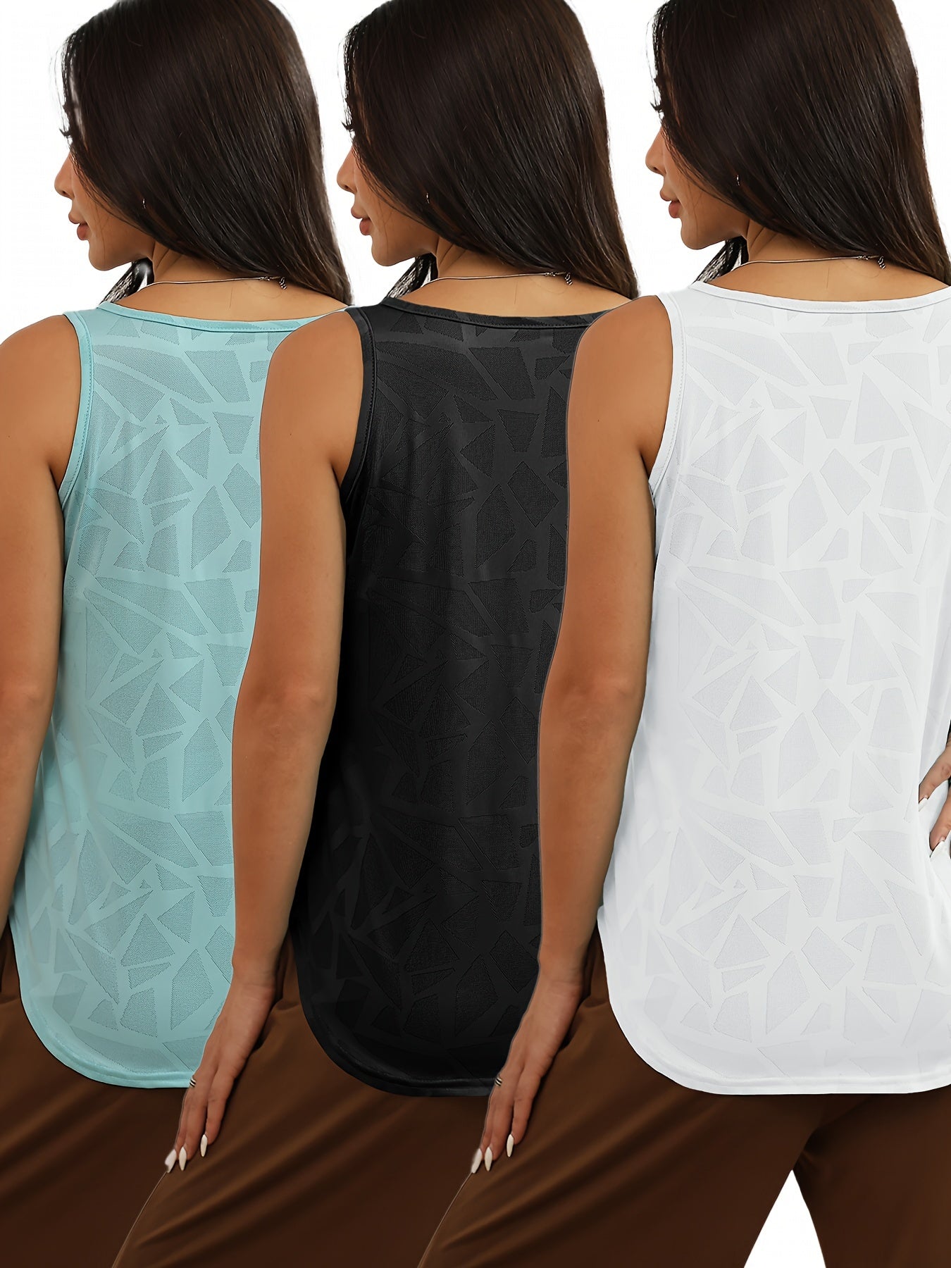 3pcs Women's Geometric Pattern Hollow Out Sports Tank Tops,