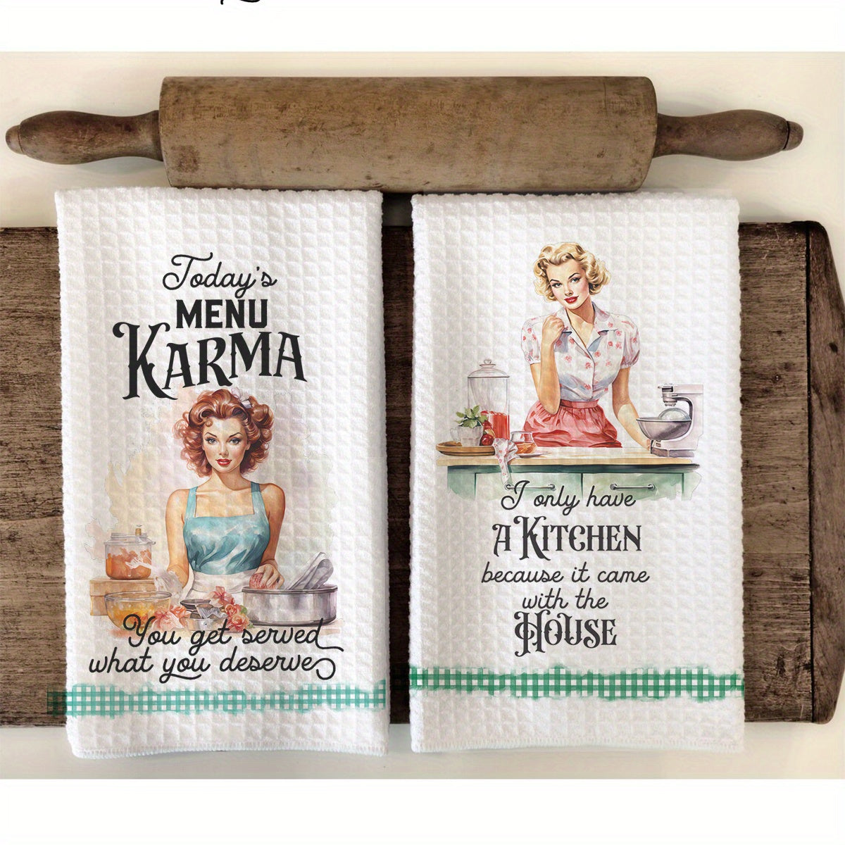 2 Pack Funny Retro Woman Kitchen Towels Absorbent Soft Tea Towel Set Quick Drying Dish Cloths Kitchen Themed Decoration Cleaning Supplies