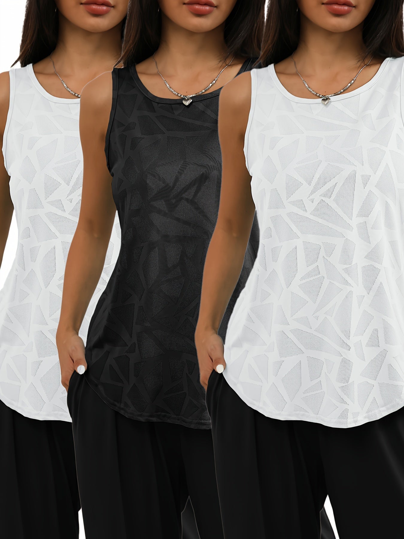 3pcs Women's Geometric Pattern Hollow Out Sports Tank Tops,